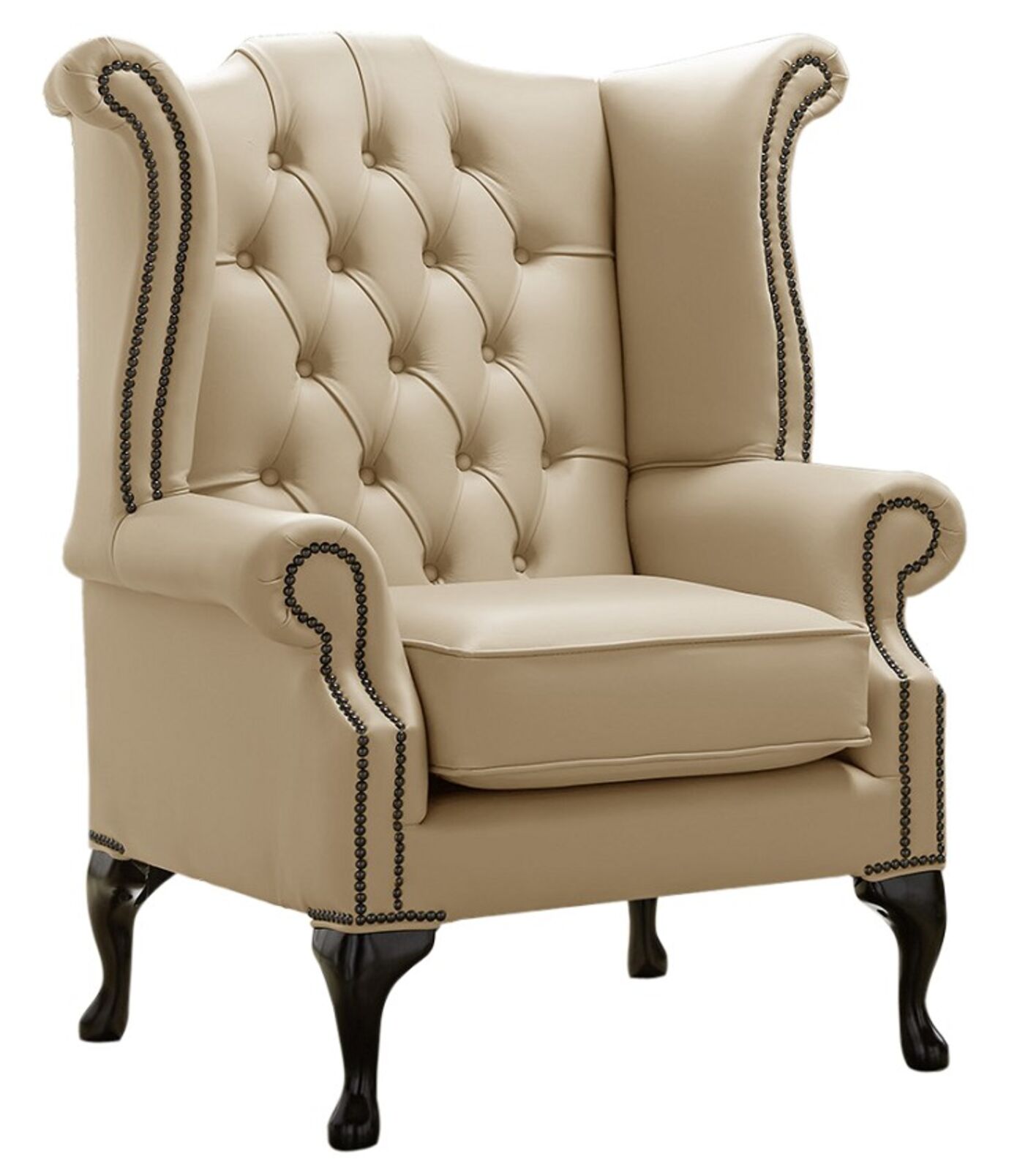 Product photograph of Chesterfield Queen Anne High Back Wing Chair Shelly Dark Beige Leather from Designer Sofas 4U