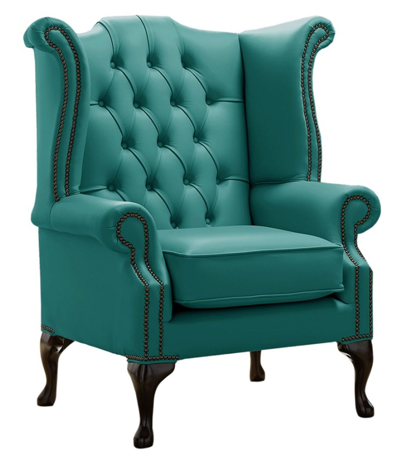 Product photograph of Chesterfield Queen Anne High Back Wing Chair Shelly Dark Teal Leather from Designer Sofas 4U