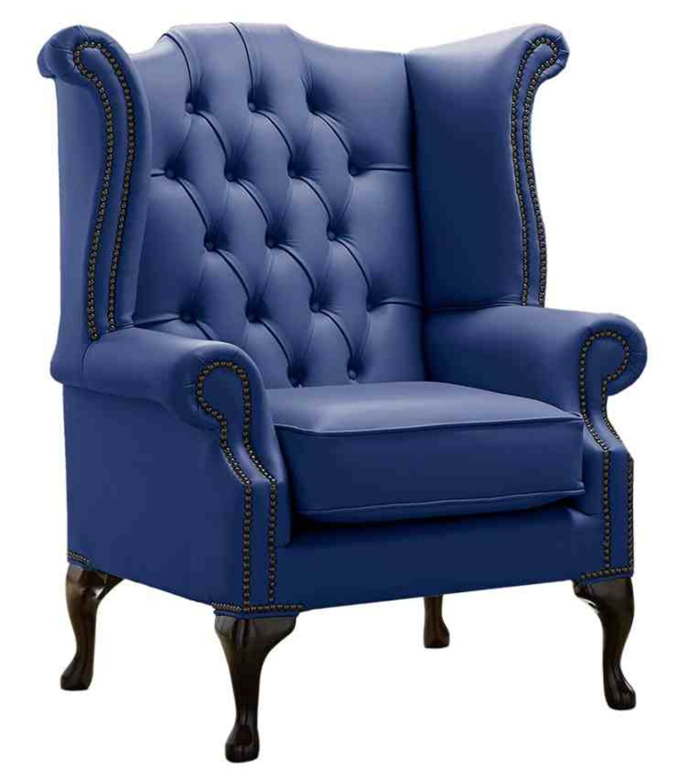 Product photograph of Chesterfield Queen Anne High Back Wing Chair Shelly Deep Ultramarine Blue Real Leather from Designer Sofas 4U