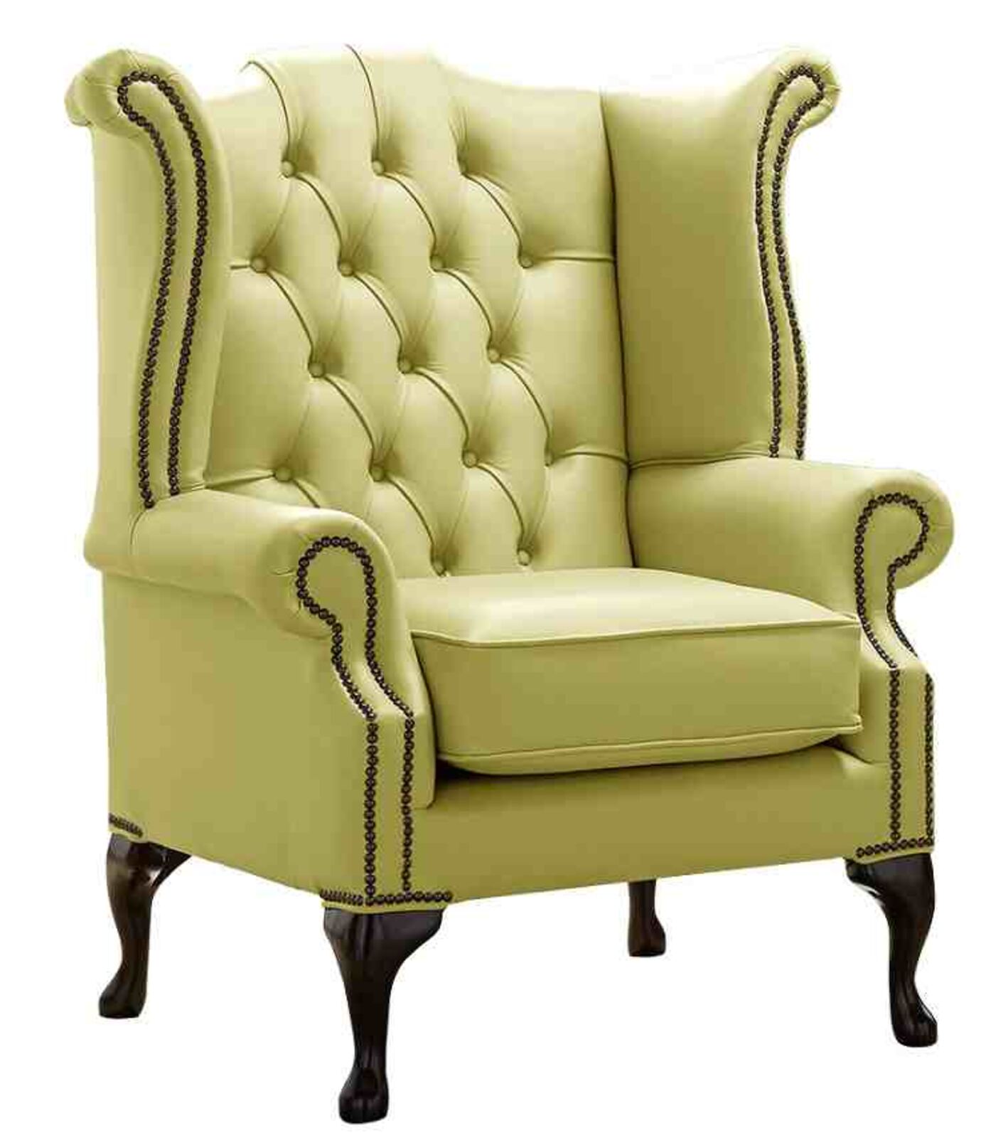 Product photograph of Chesterfield Queen Anne High Back Wing Chair Shelly Field Green Leather from Designer Sofas 4U