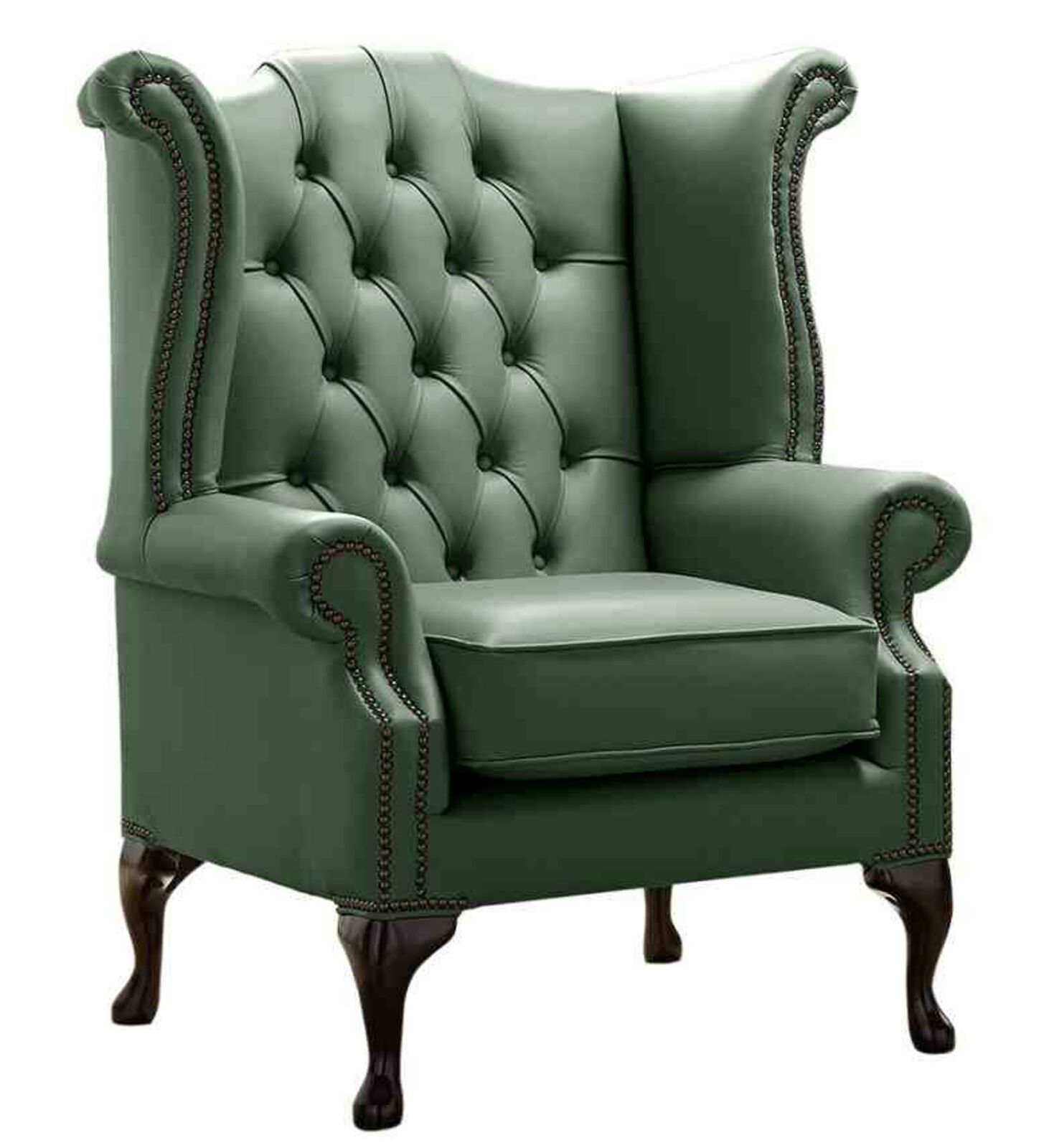 Product photograph of Chesterfield Queen Anne High Back Wing Chair Shelly Forest Green Leather from Designer Sofas 4U