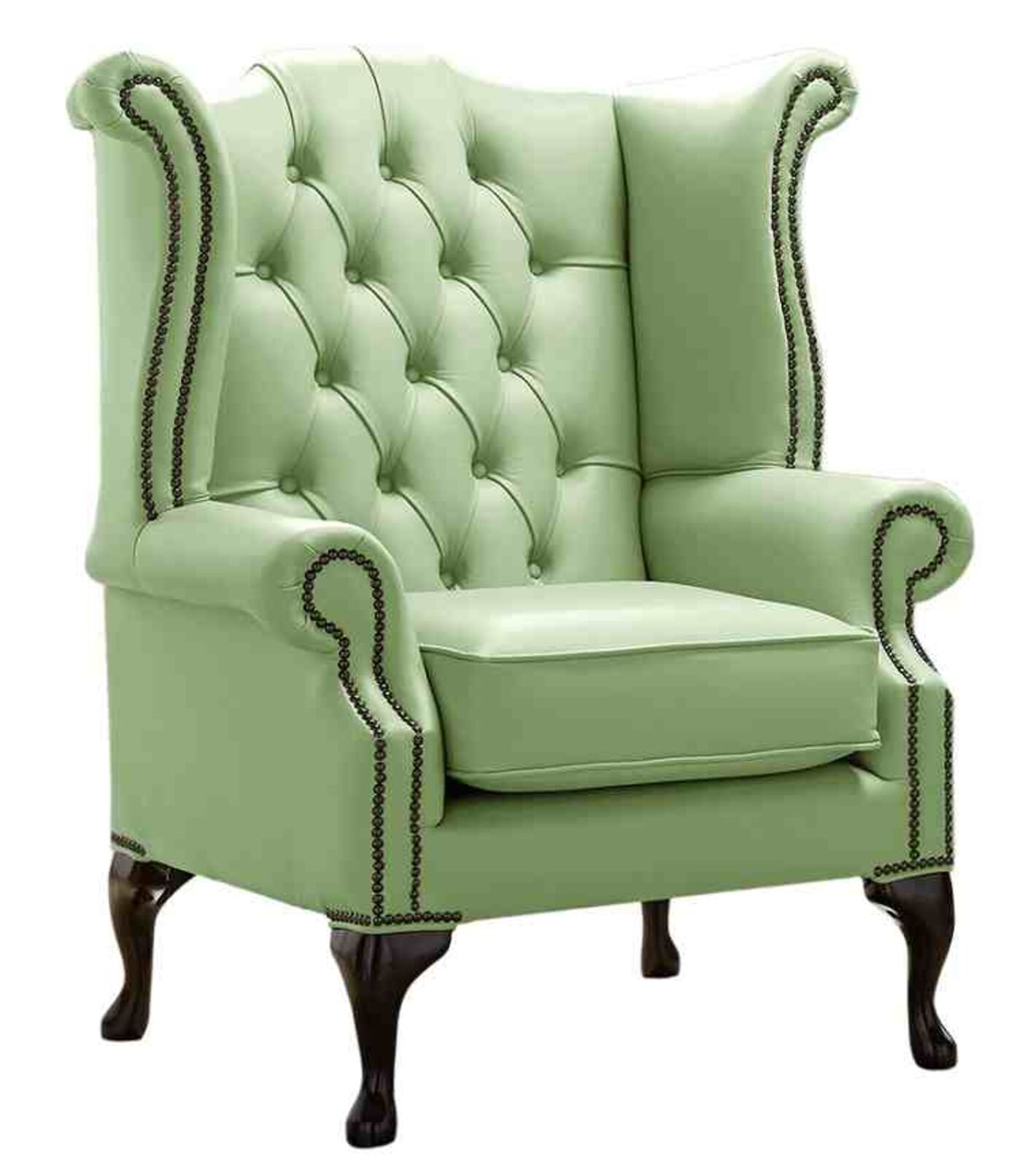 Product photograph of Chesterfield Queen Anne High Back Wing Chair Shelly Pea Green Leather from Designer Sofas 4U