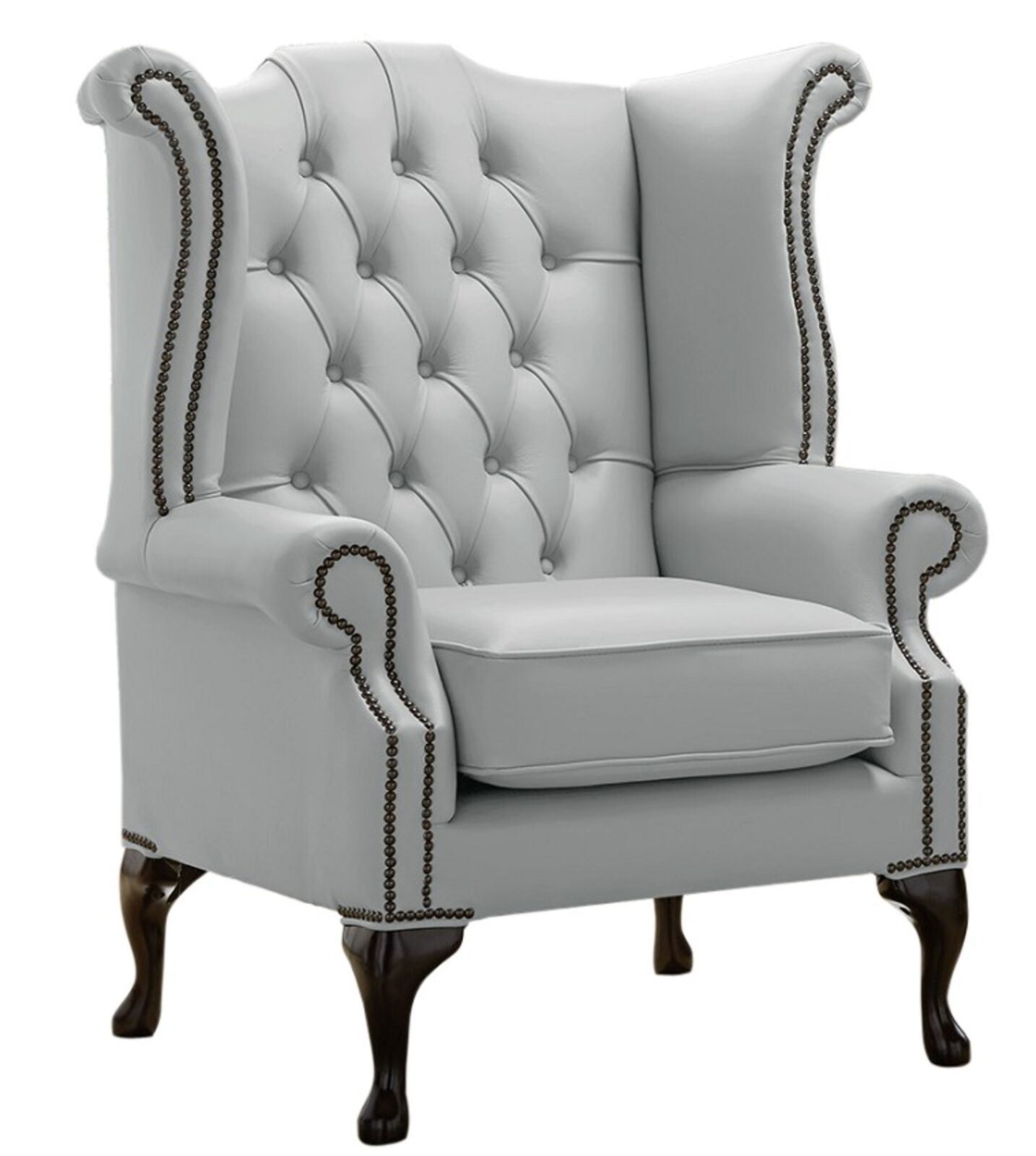 Product photograph of Chesterfield Queen Anne High Back Wing Chair Shelly Silver Grey Leather from Designer Sofas 4U