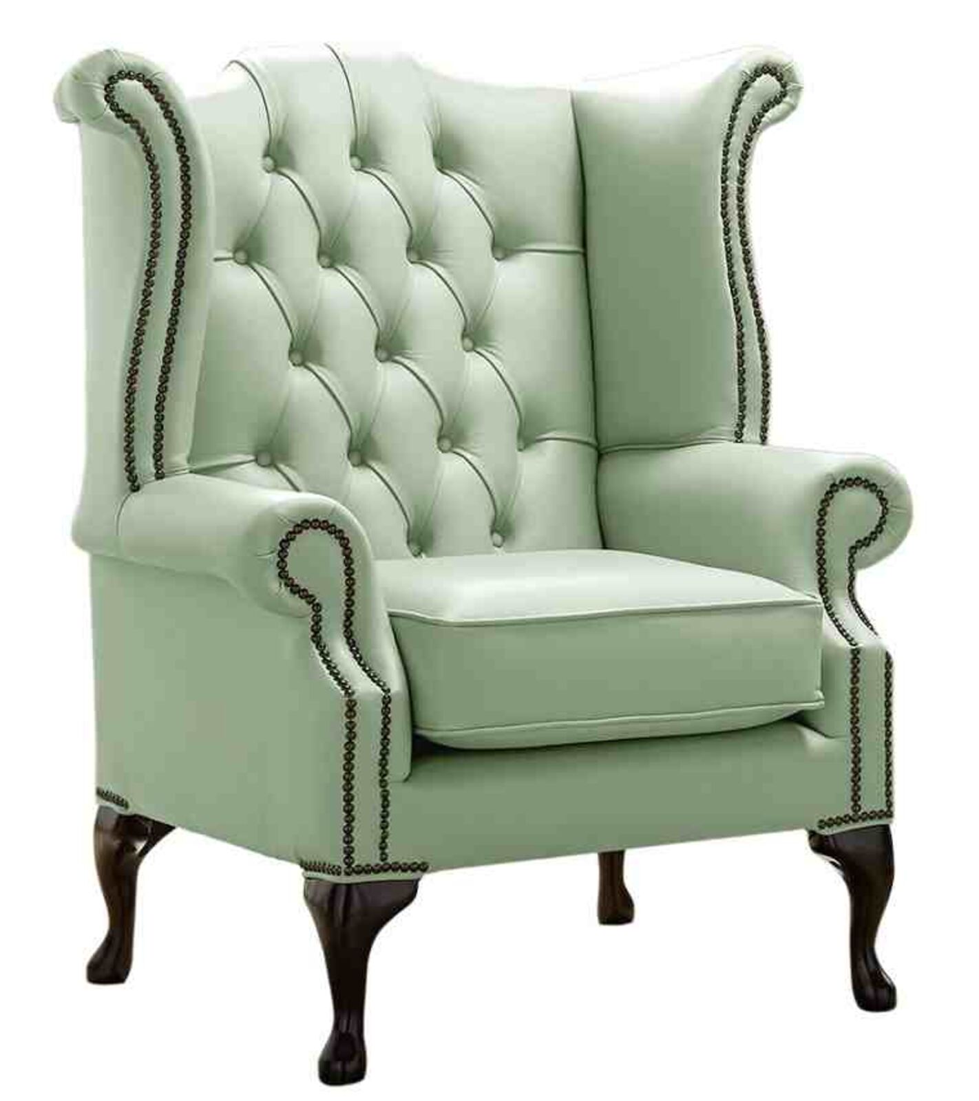 Product photograph of Chesterfield Queen Anne High Back Wing Chair Shelly Thyme Green Leather from Designer Sofas 4U