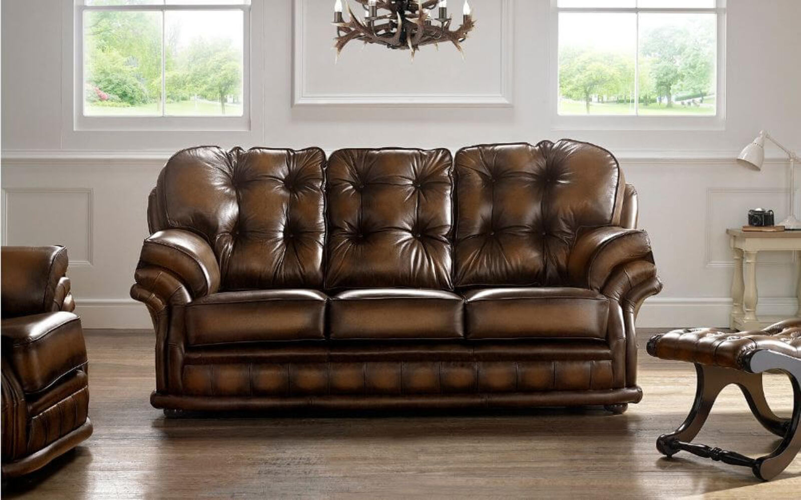 Product photograph of Rub Off Antique Autumn Tan Leather Chesterfield Handmade Knightsbridge Suite Sofa Designersofas4u from Designer Sofas 4U