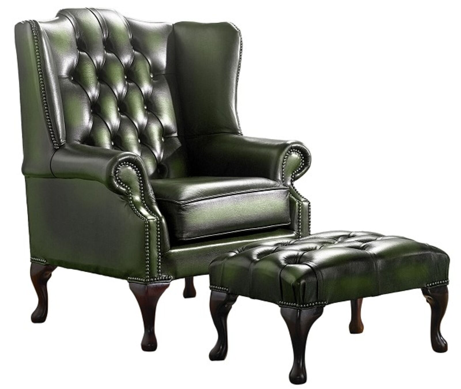 Product photograph of Rub Off Antique Green Leather Chesterfield Handmade Mallory Flat Wing Back Armchair Footstool Designersofas4u from Designer Sofas 4U