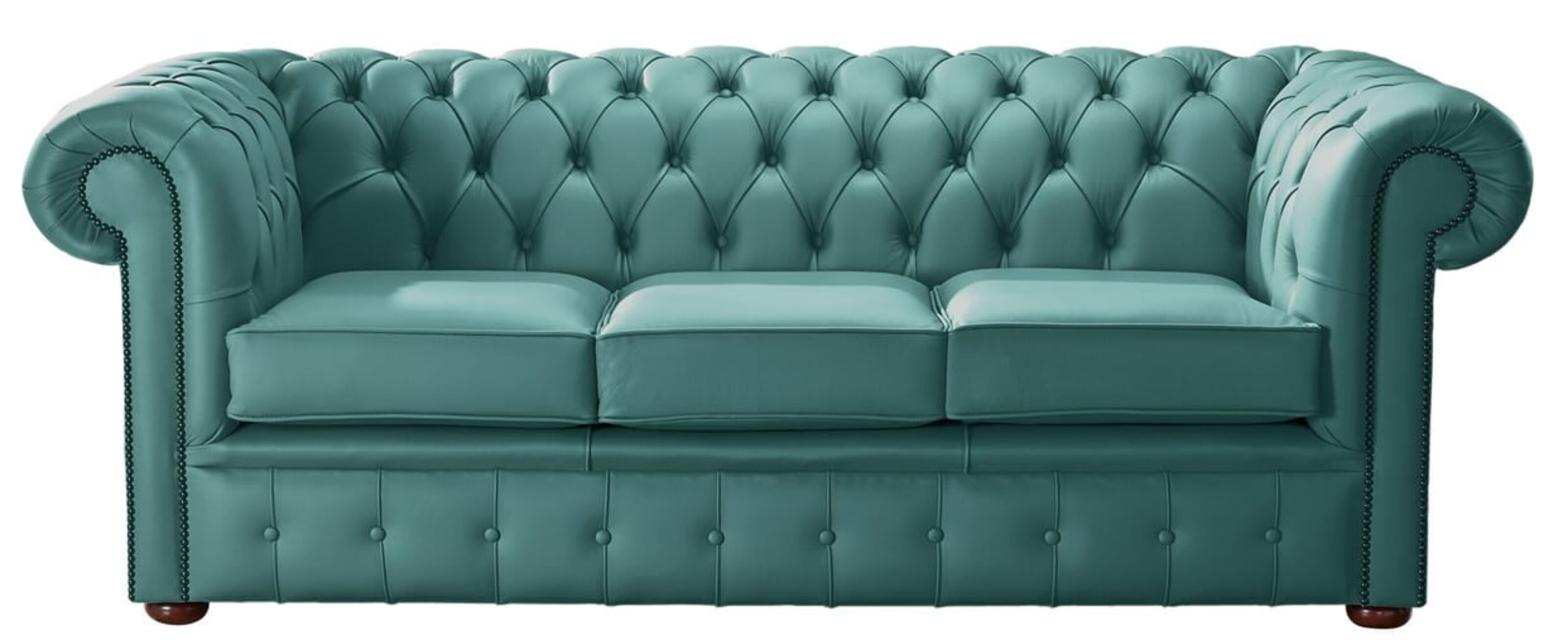 teal leather sofa with silver nailheads