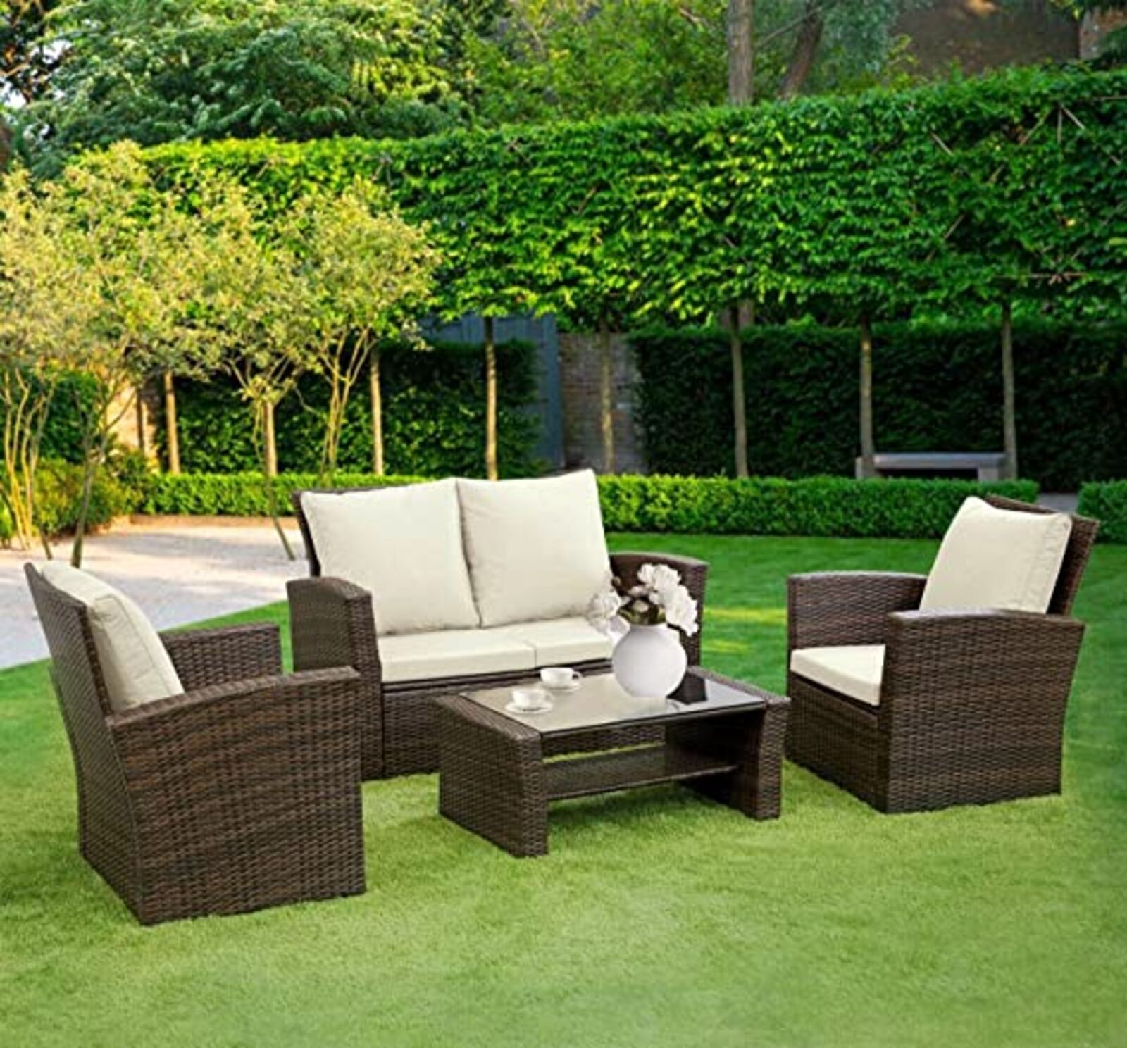 Product photograph of Oriana Brown Beige Rattan Garden 2 Seater Sofa And 2 Armchairs With Coffee Table from Designer Sofas 4U