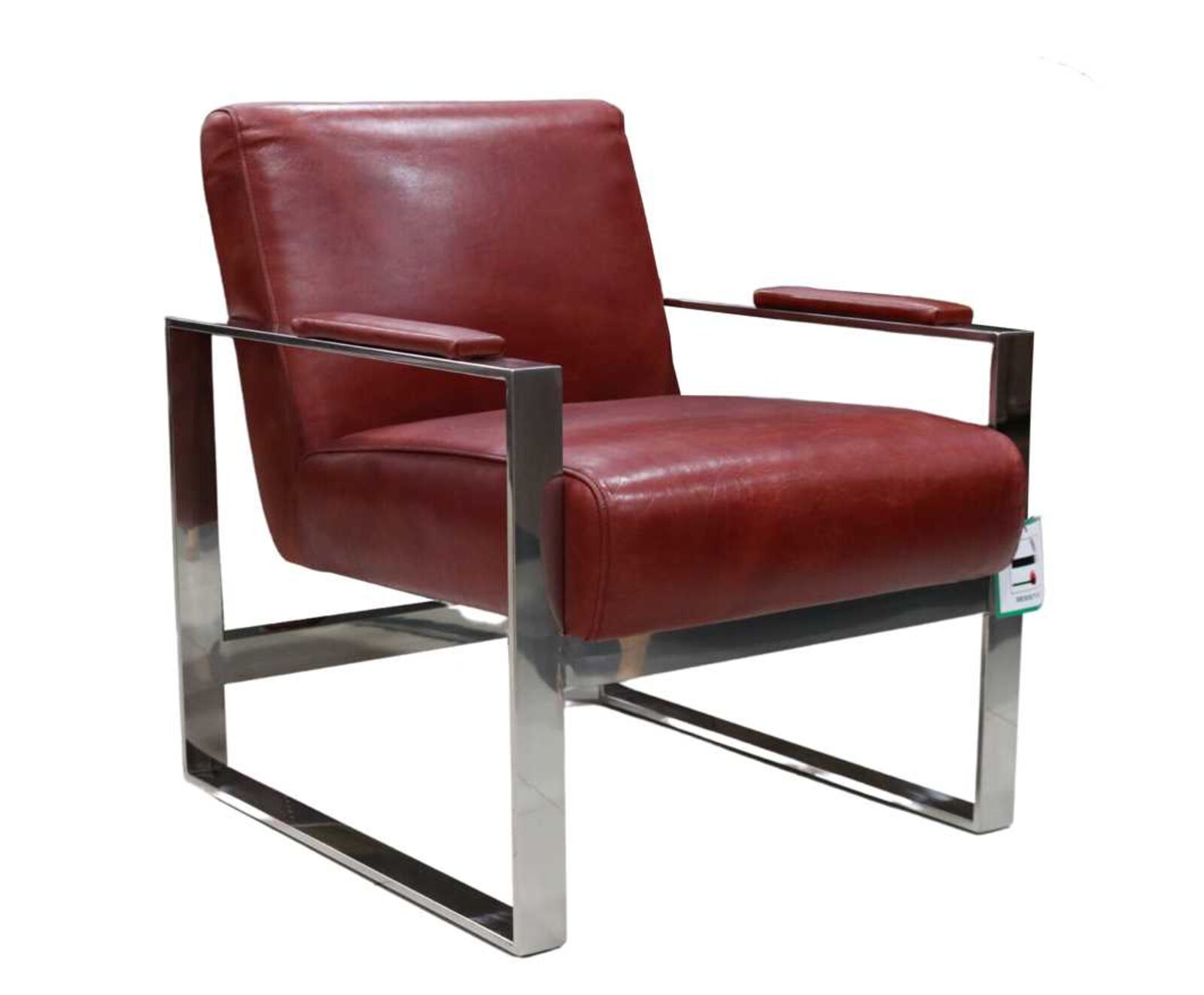 Product photograph of Art Deco Distressed Rouge Red Leather And Stainless Steel Armchair from Designer Sofas 4U