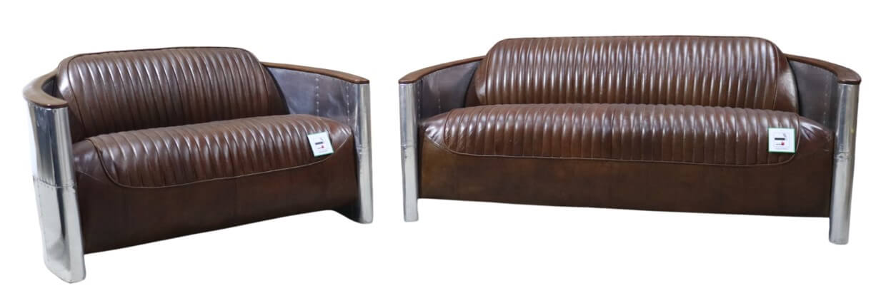 Retro Comfort Aviator Pilot Distressed Brown Leather Sofa Ensemble