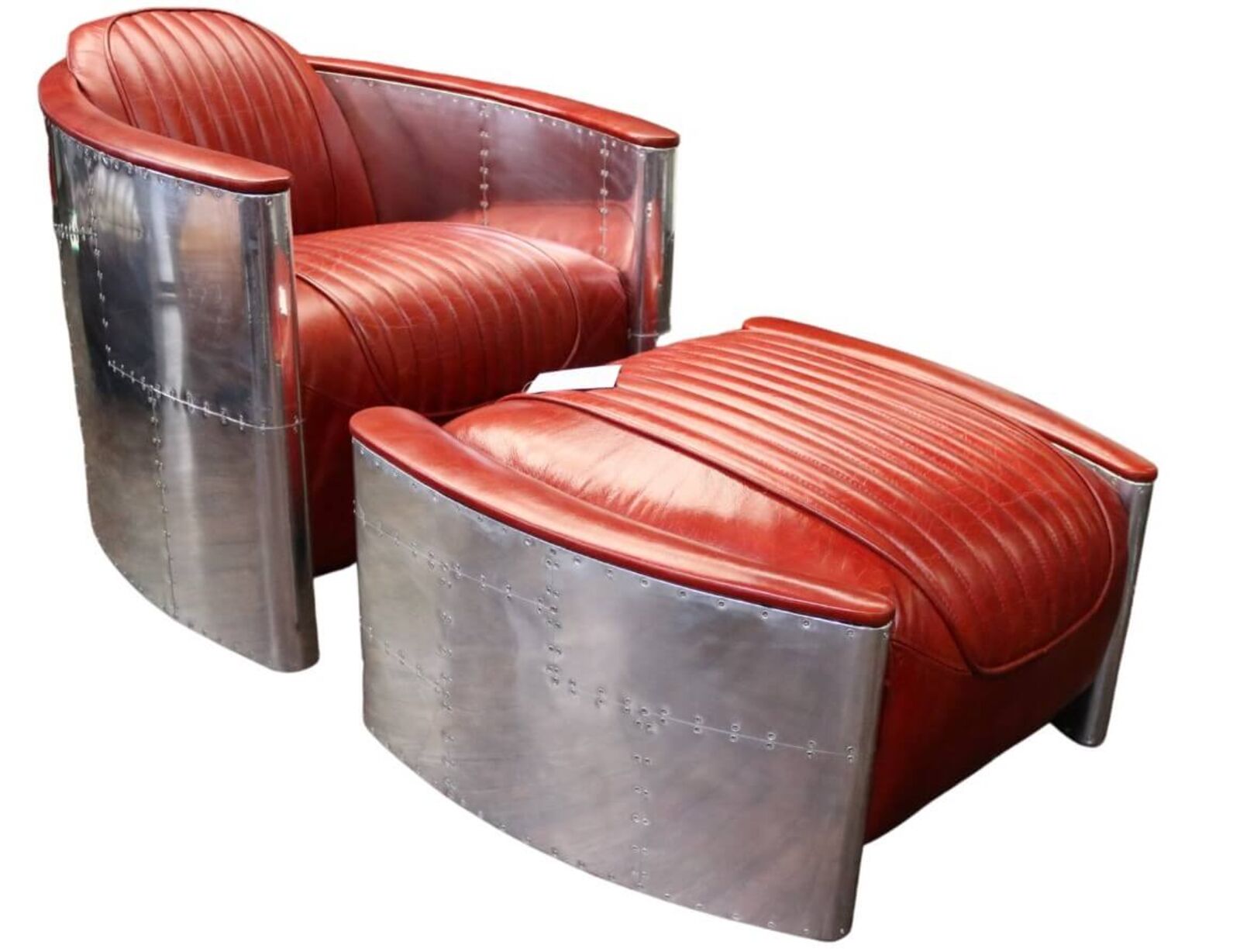Product photograph of Aviator Pilot Vintage Distressed Rouge Red Leather Chair With Footstool from Designer Sofas 4U