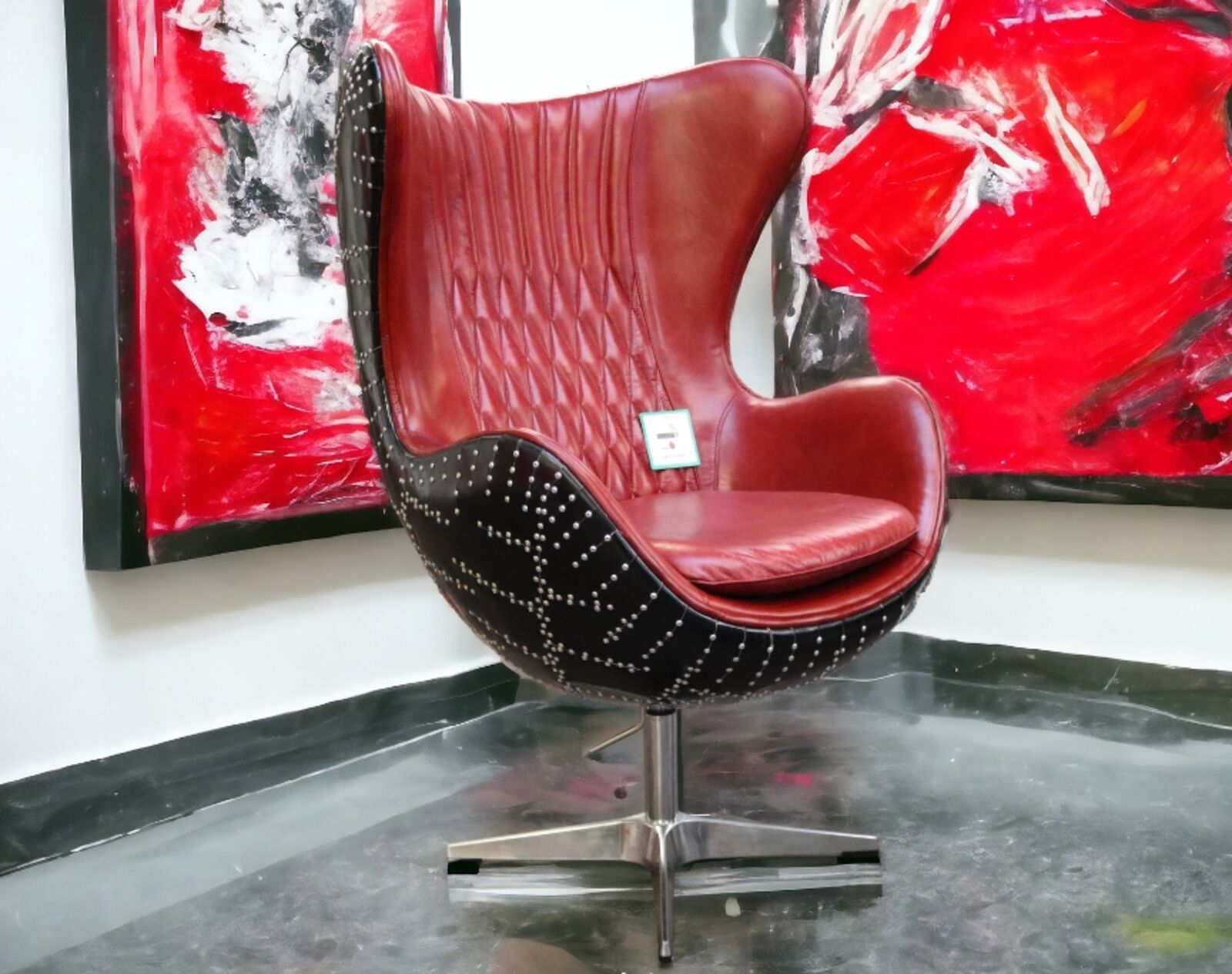 Product photograph of Aviator Stealth Swivel Egg Black Aluminium Distressed Vintage Red Rouge Real Leather Armchair from Designer Sofas 4U