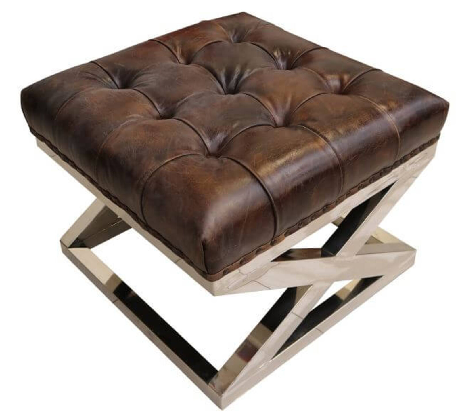 Product photograph of Chesterfield Buttoned Distressed Vintage Tobacco Leather Metal Cross Footstool Ottoman from Designer Sofas 4U