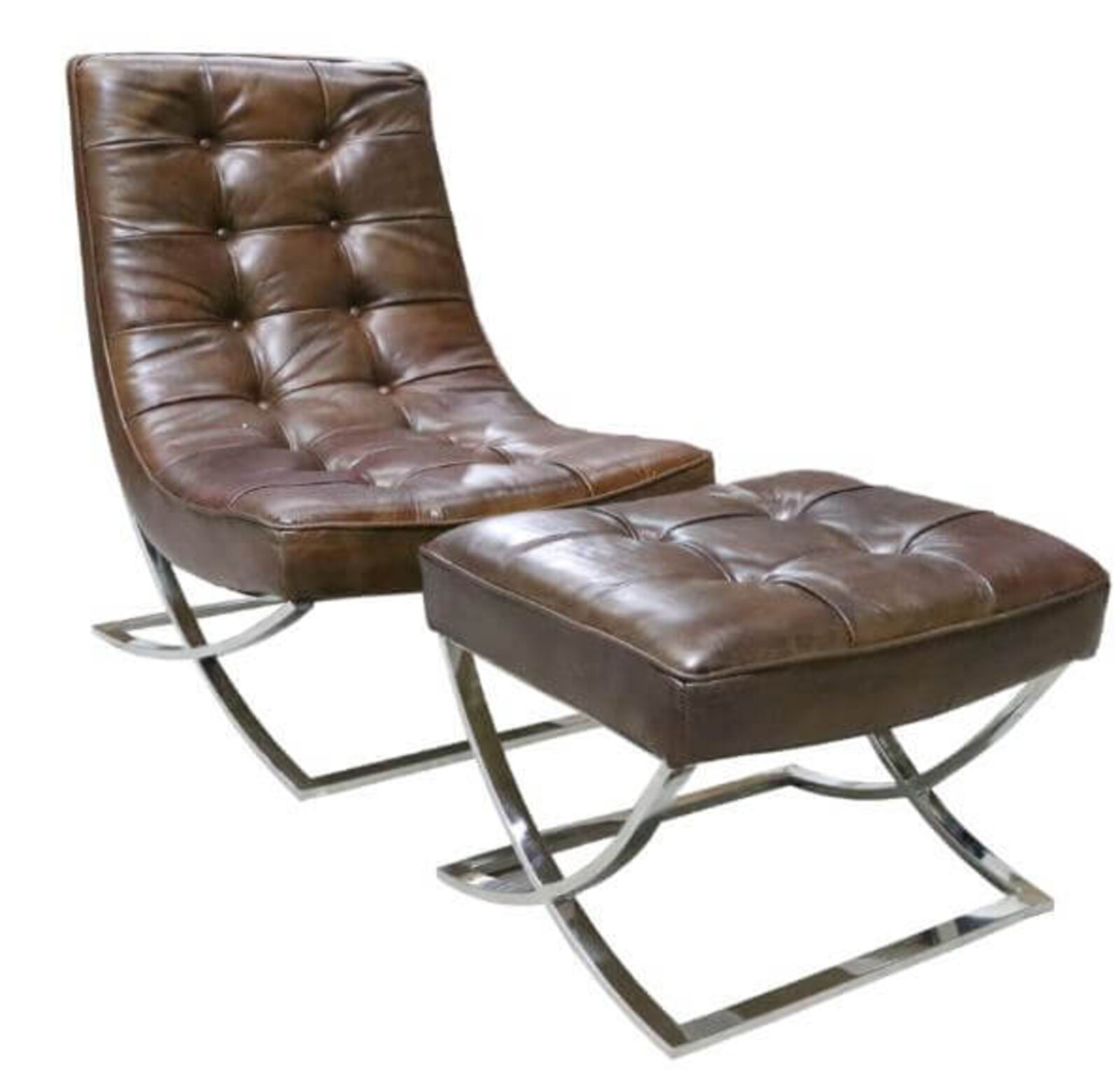 Product photograph of Chesterfield Buttoned Vintage Brown Lounge Chair With Footstool from Designer Sofas 4U