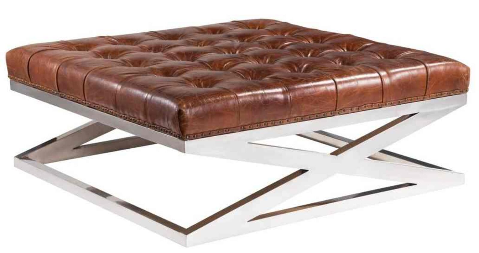 Product photograph of Chesterfield Large Square Vintage Distressed Leather Metal Criss Cross Footstool from Designer Sofas 4U
