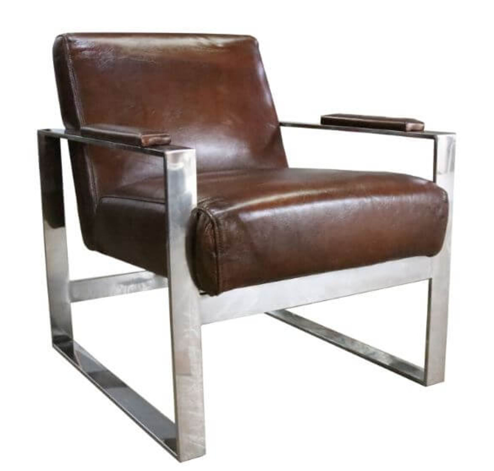 Product photograph of Art Deco Distressed Brown Leather And Stainless Steel Armchair from Designer Sofas 4U