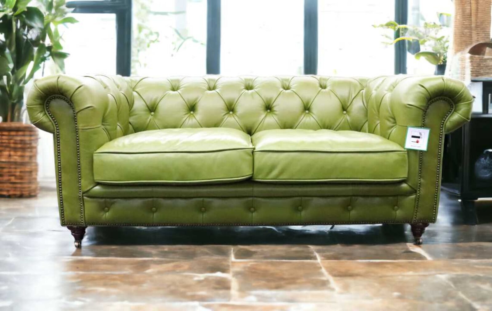Product photograph of Earle Chesterfield Vintage 2 Seater Sofa Olive Green Nappa Real Leather from Designer Sofas 4U