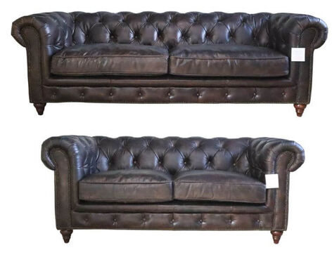 Vintage 3+2 Distressed Tobacco Leather Chesterfield Sofa Suite Settee