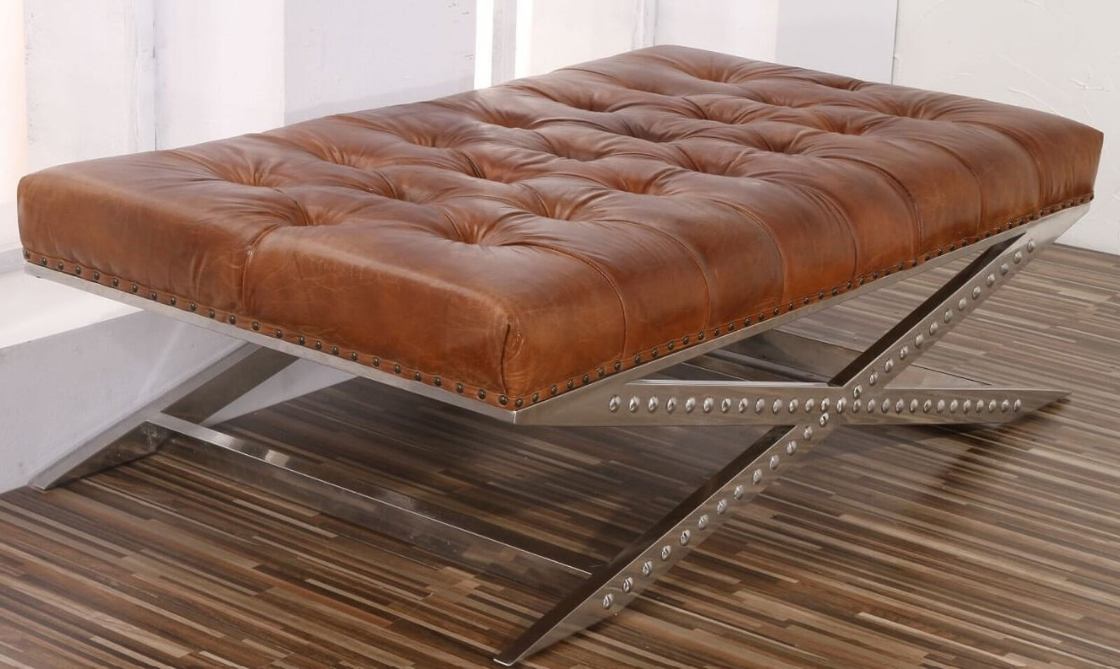 Product photograph of Vintage Buttoned Leather Chesterfield Footstool Criss Cross from Designer Sofas 4U