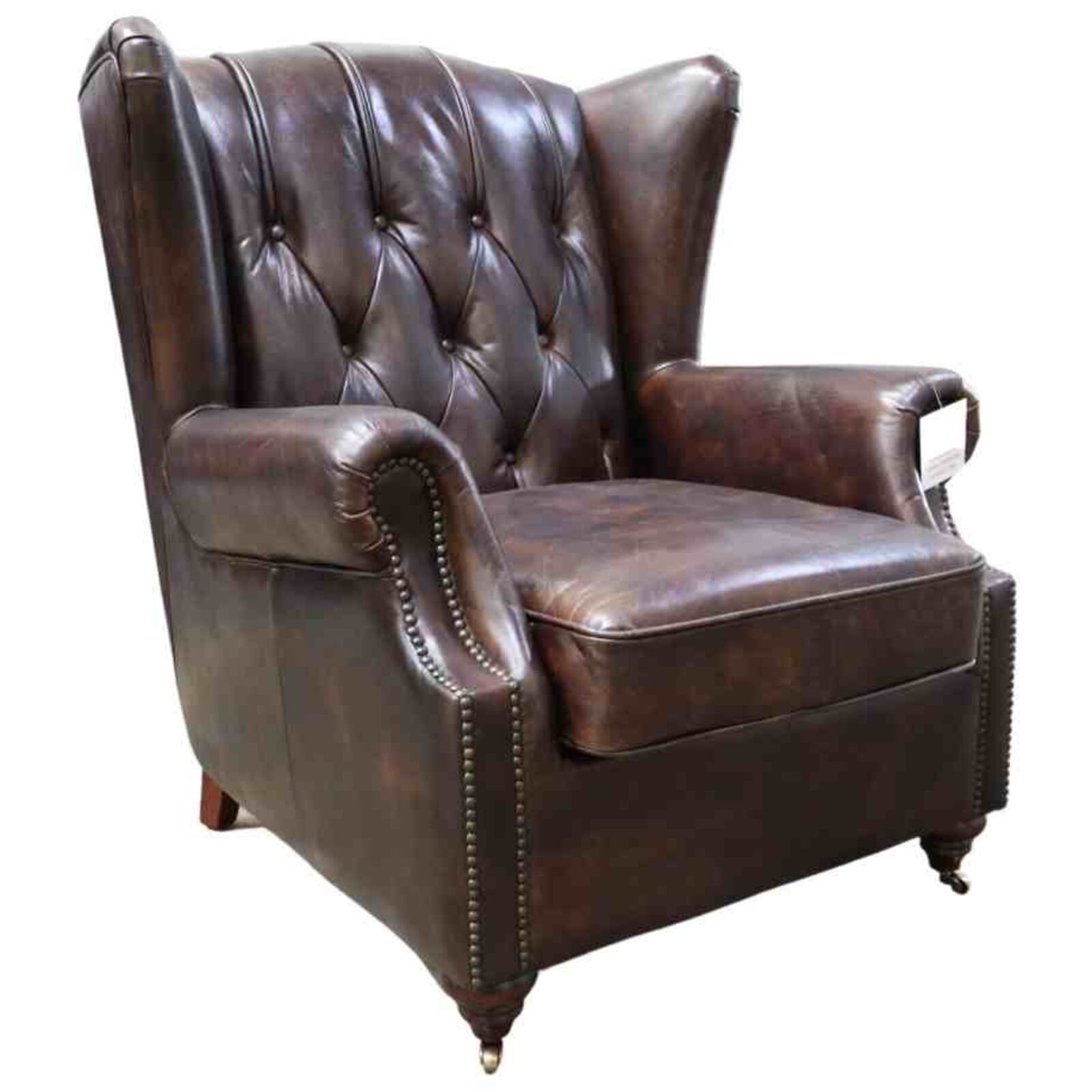 Product photograph of Vintage Chesterfield Buttoned Wingback Tobacco Brown Distressed Leather Chair from Designer Sofas 4U