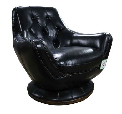 Vintage Distressed Black Leather Chesterfield Buttoned Swivel Armchair