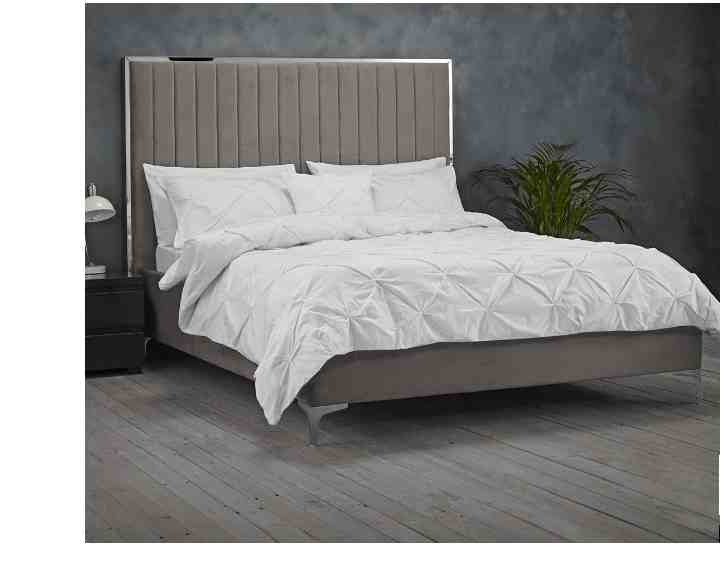 Beatrice Kingsize Bed In Mink Grey Velvet With Silver Trim Detail