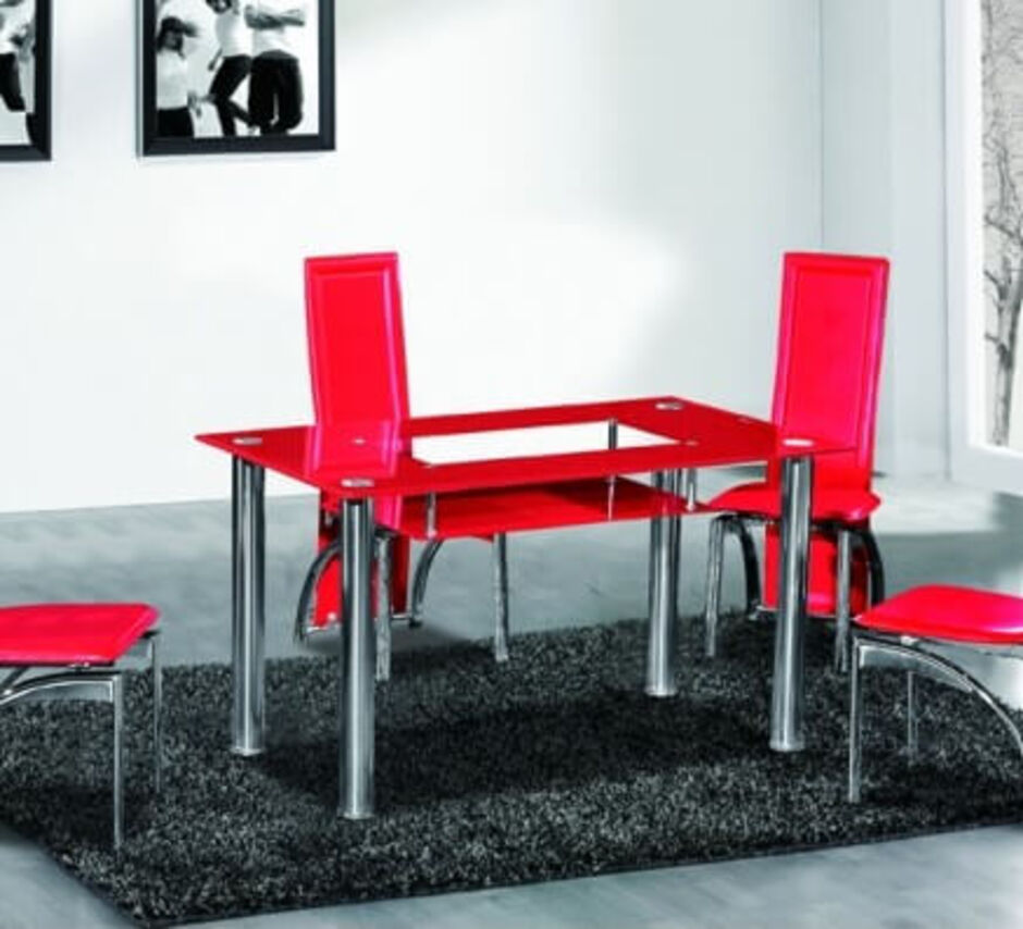 Glass dining table with deals red chairs