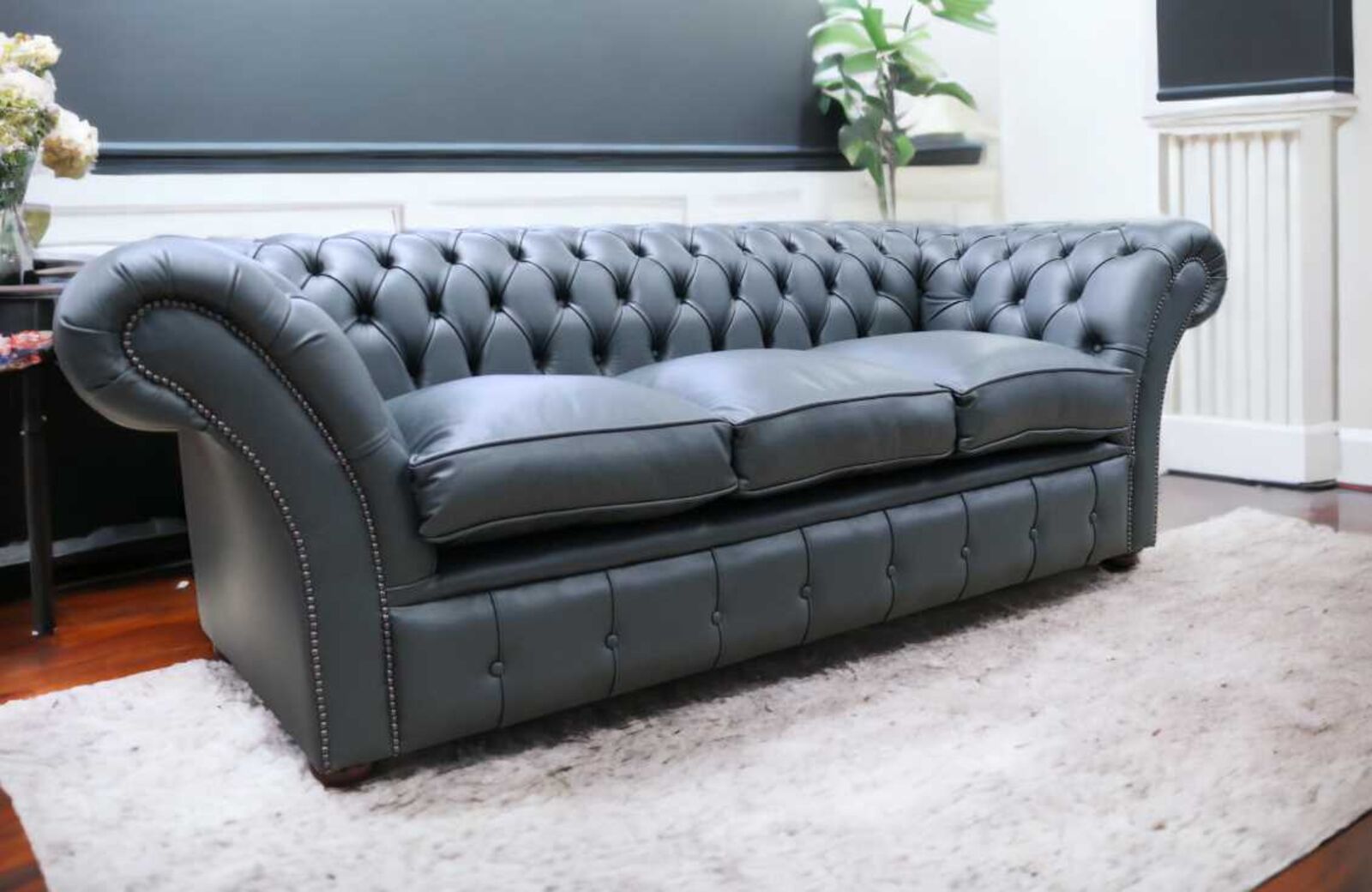 Product photograph of Chesterfield Balmoral 3 Seater Sofa Settee Vele Charcoal Grey Leather from Designer Sofas 4U