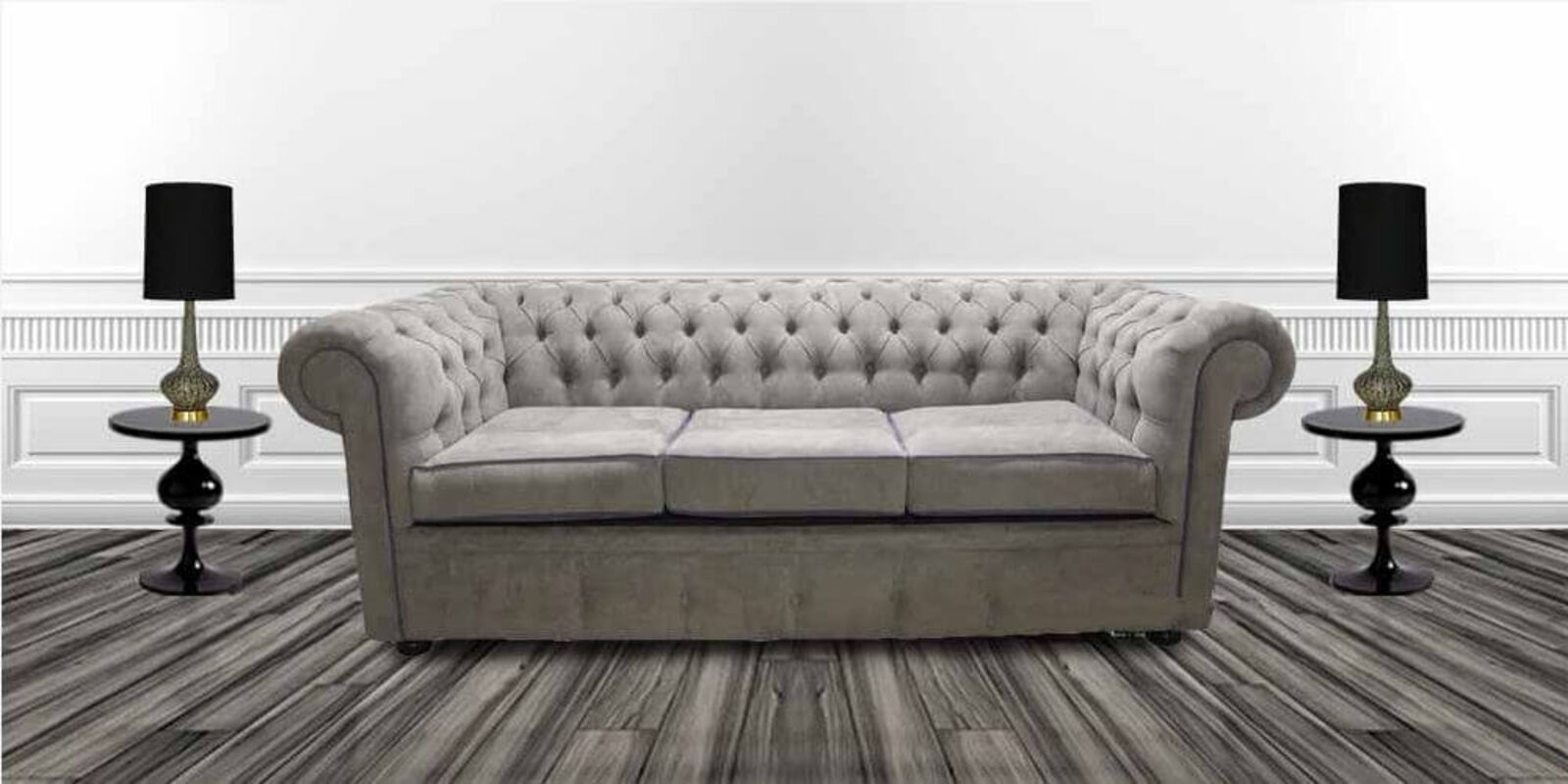 Product photograph of Chesterfield 3 Seater Settee Kimora Grey With Blue Piping Fabric Sofa Offer from Designer Sofas 4U