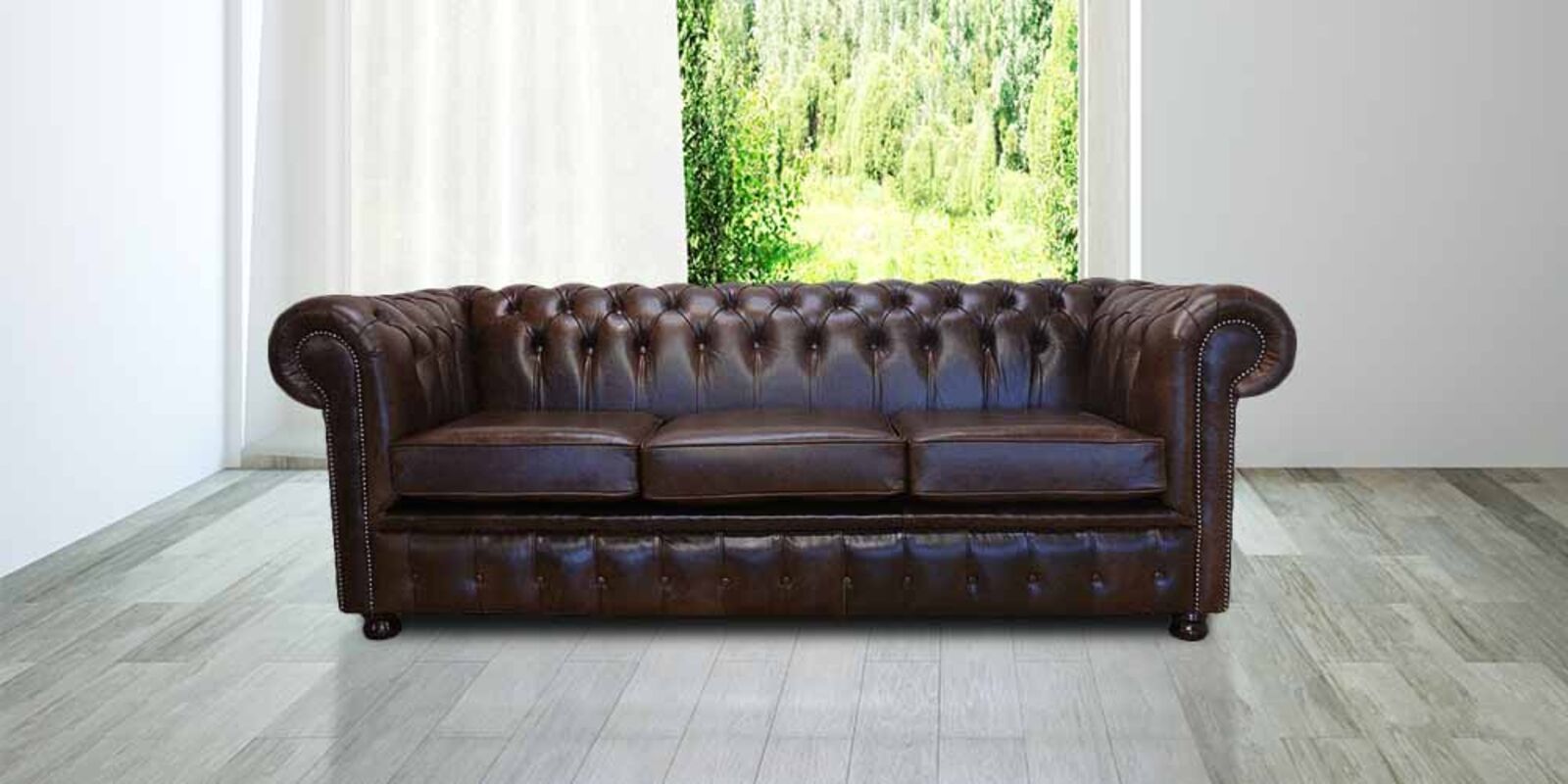 Product photograph of Chesterfield 3 Seater Settee Old English Dark Brown Leather Sofa Offer from Designer Sofas 4U