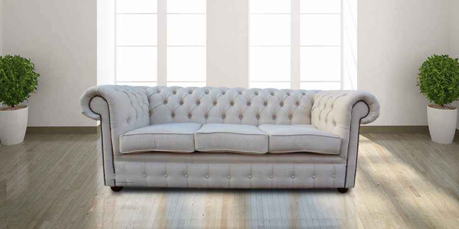 Product photograph of Chesterfield 3 Seater Settee Zoe Plain Parchment Fabric Sofa Offer from Designer Sofas 4U