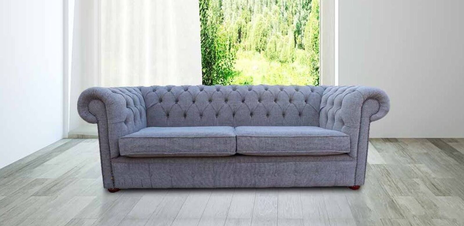 Product photograph of Chesterfield 3 Seater Sofa Settee Harley Slate Grey Fabric Offer 2 Cushion Style from Designer Sofas 4U