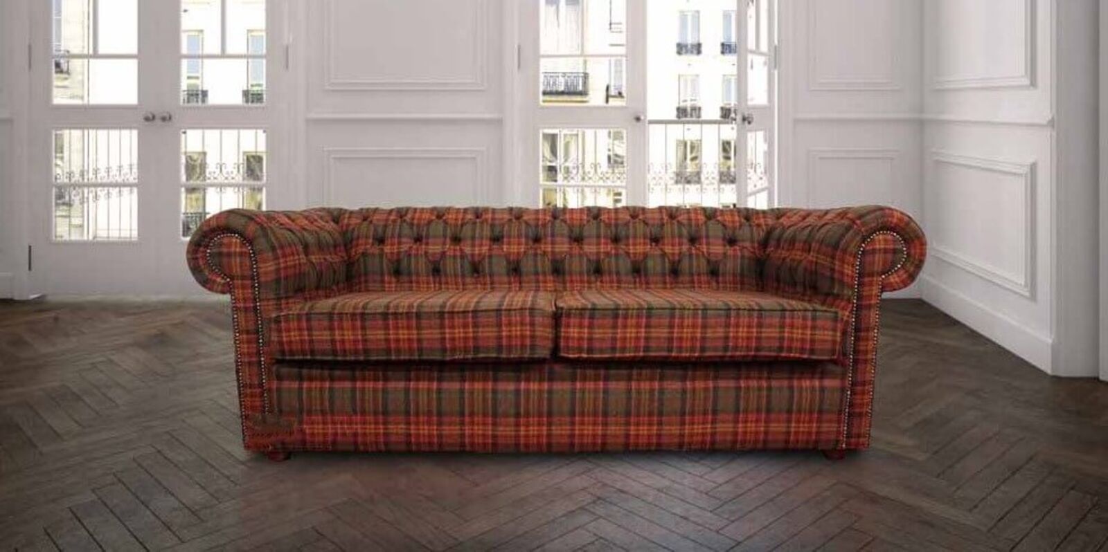 Product photograph of Chesterfield Arnold Wool 3 Seater Sofa Settee Tweed Sandringham Mandarin Check Fabric from Designer Sofas 4U