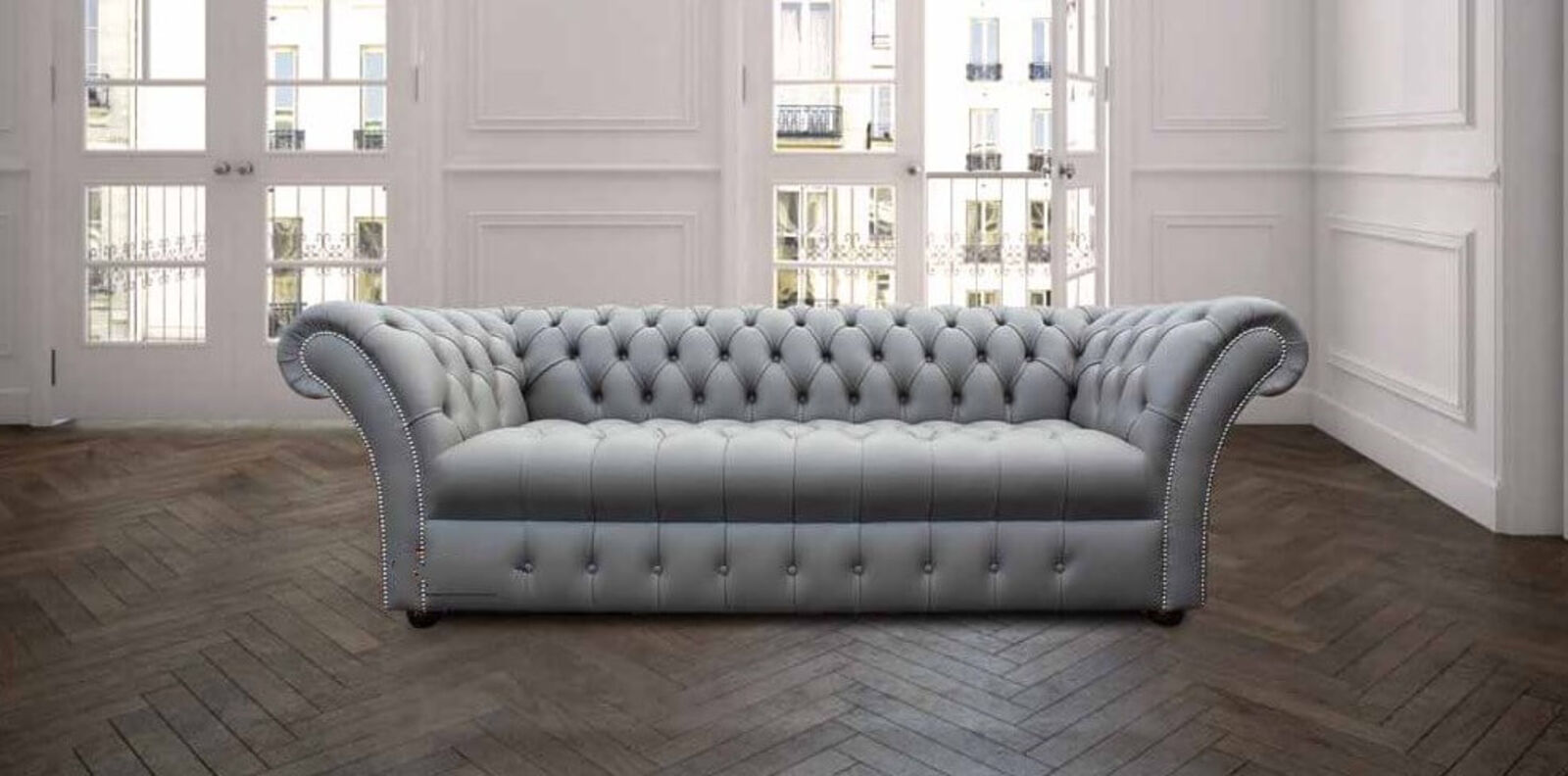 Product photograph of Chesterfield Highgrove 3 Seater Sofa Settee Buttoned Seat Silver Grey Leather from Designer Sofas 4U