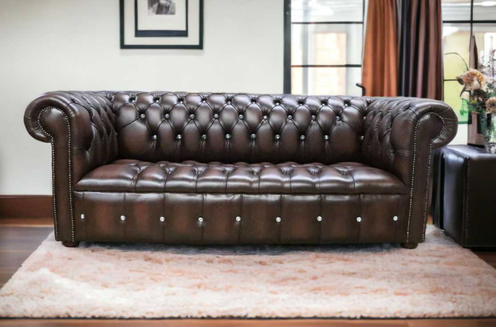 Product photograph of Antique Brown Chesterfield Crystallized Diamond Leather Sofa Designer Sofas 4u from Designer Sofas 4U