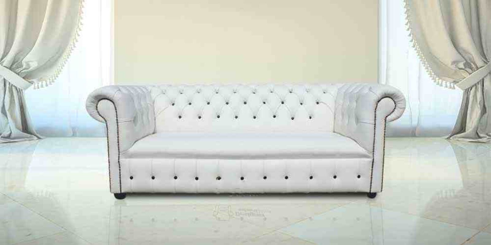 Product photograph of Chesterfield Fixed Seat Leather Sofa Offer White Leather Black Buttons from Designer Sofas 4U