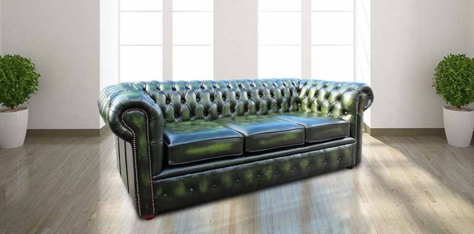 Product photograph of Chesterfield London 3 Seater Antique Green Leather Sofa Settee Offer from Designer Sofas 4U