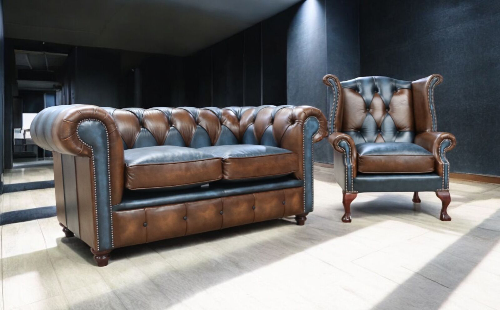 Product photograph of Duke Patchwork Heritage Chesterfield 2 Queen Anne Chair Sofa Suite Antique Tan Amp Blue Leather from Designer Sofas 4U