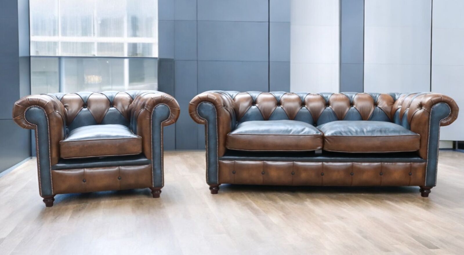 Product photograph of Duke Patchwork Heritage Chesterfield 3 Club Seater Sofa Suite Antique Tan Amp Blue Leather from Designer Sofas 4U