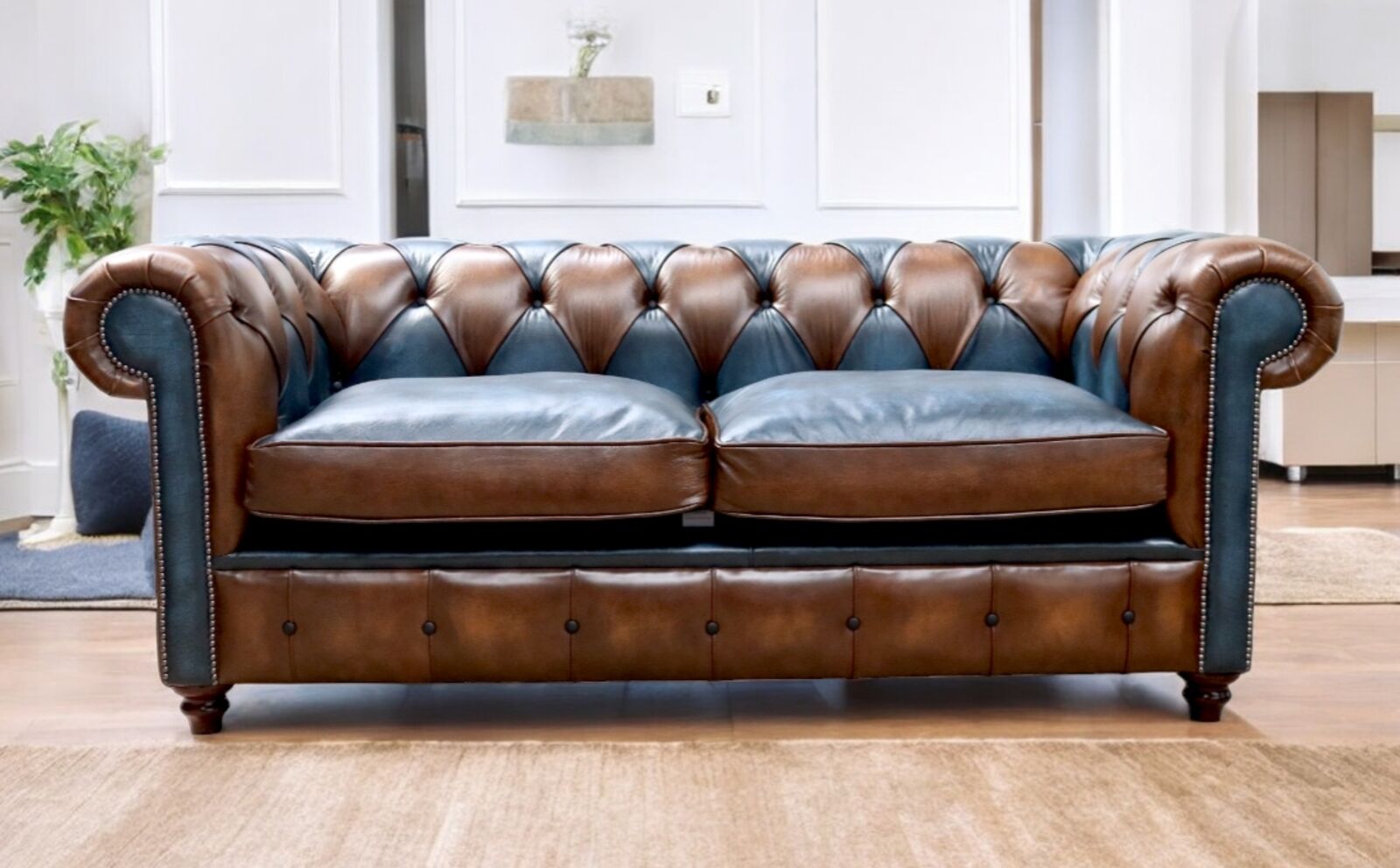 Product photograph of Duke Patchwork Heritage Chesterfield 3 Seater Sofa Settee Antique Tan Amp Blue Leather from Designer Sofas 4U