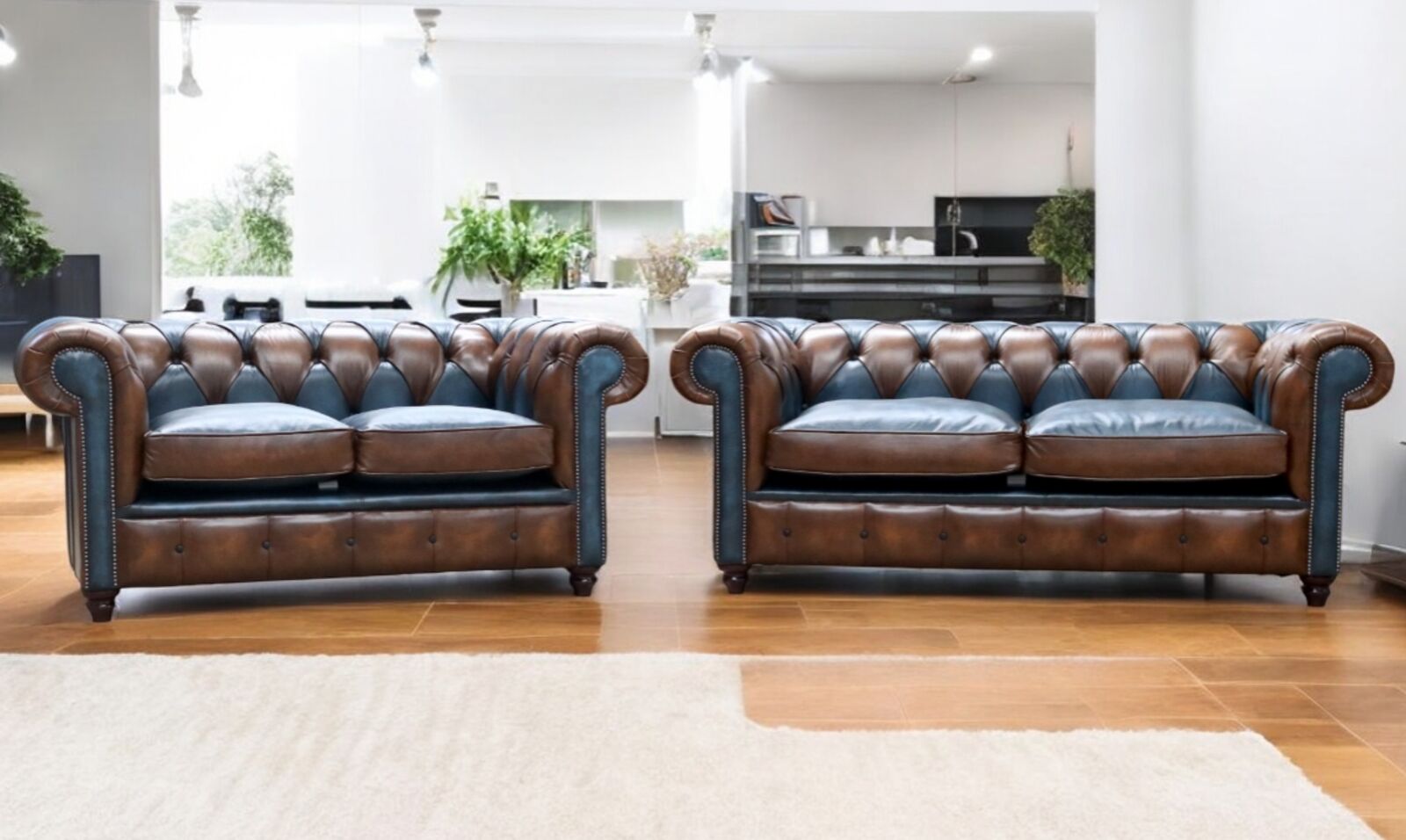 Product photograph of Duke Patchwork Heritage Chesterfield 3 2 Seater Sofa Suite Antique Tan Amp Blue Leather from Designer Sofas 4U