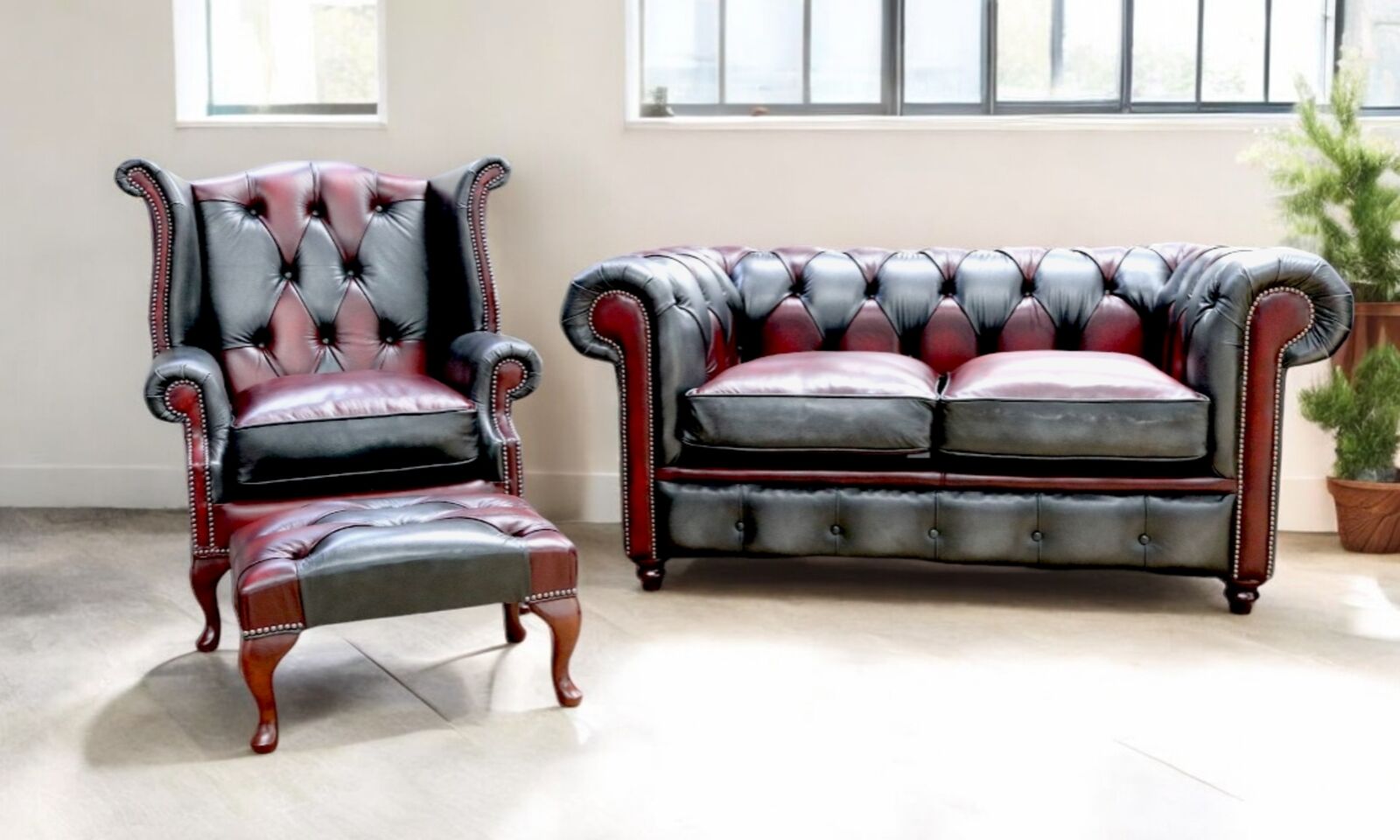 Product photograph of Duke Patchwork Devil Chesterfield 2 Queen Anne Chair Footstool Sofa Suite Antique Leather from Designer Sofas 4U