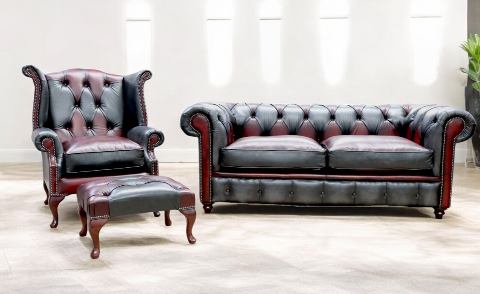 Product photograph of Duke Patchwork Devil Chesterfield 3 Queen Anne Chair Footstool Sofa Suite Antique Leather from Designer Sofas 4U