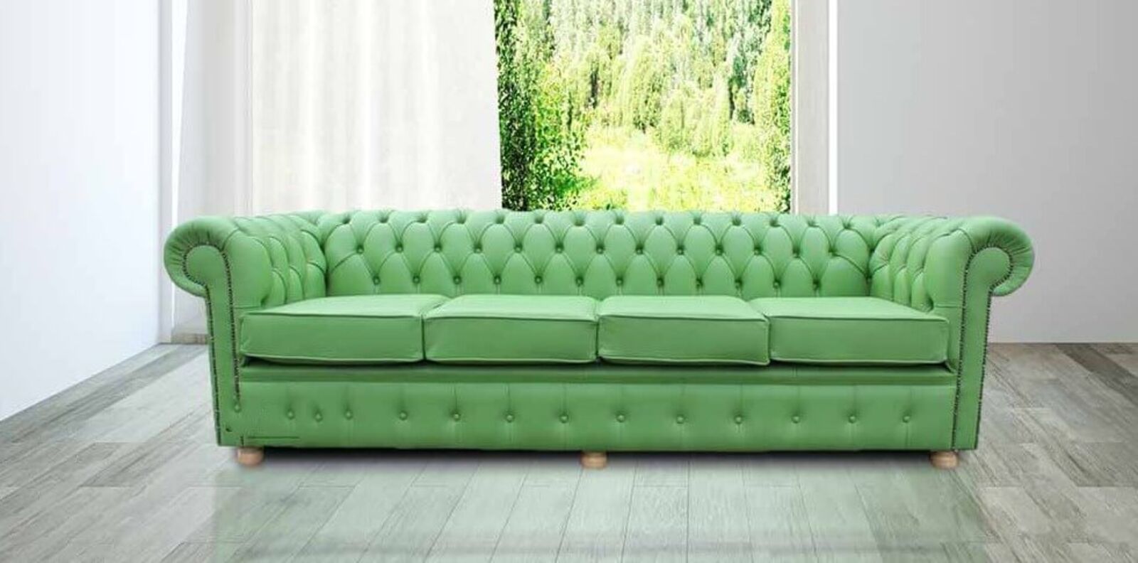 Product photograph of Chesterfield 4 Seater Settee Apple Green Leather Sofa Offer from Designer Sofas 4U