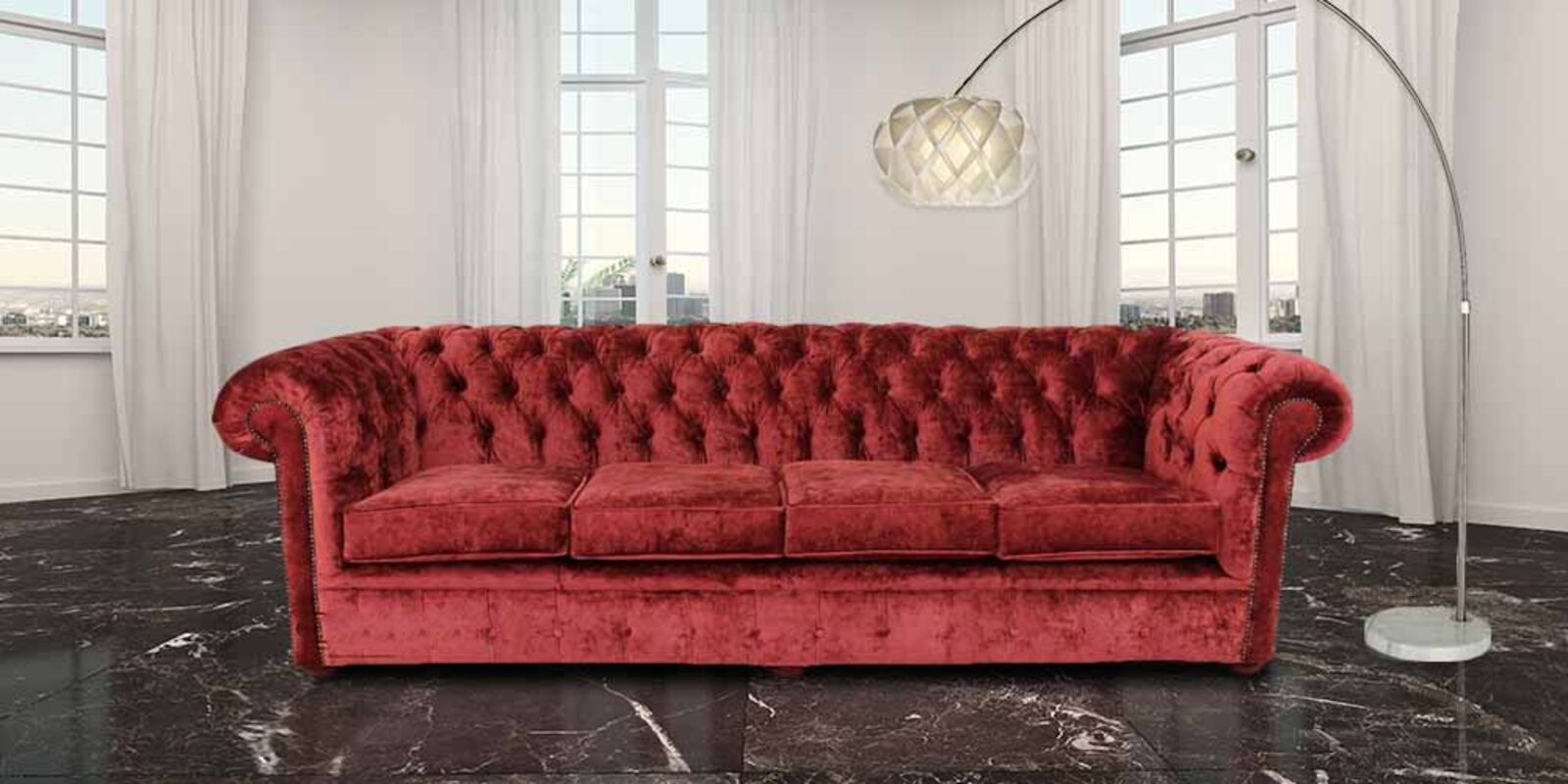 Product photograph of Chesterfield 4 Seater Settee Modena Pillarbox Red Velvet Fabric Sofa Offer from Designer Sofas 4U