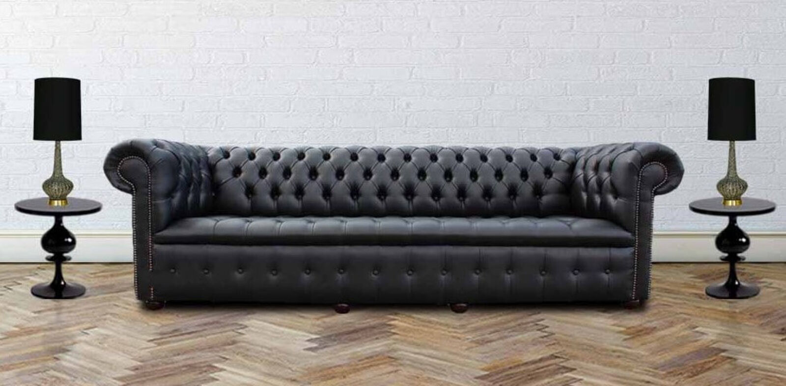 Product photograph of Chesterfield 4 Seater Settee Buttoned Seat Old English Black Leather Sofa Offer from Designer Sofas 4U