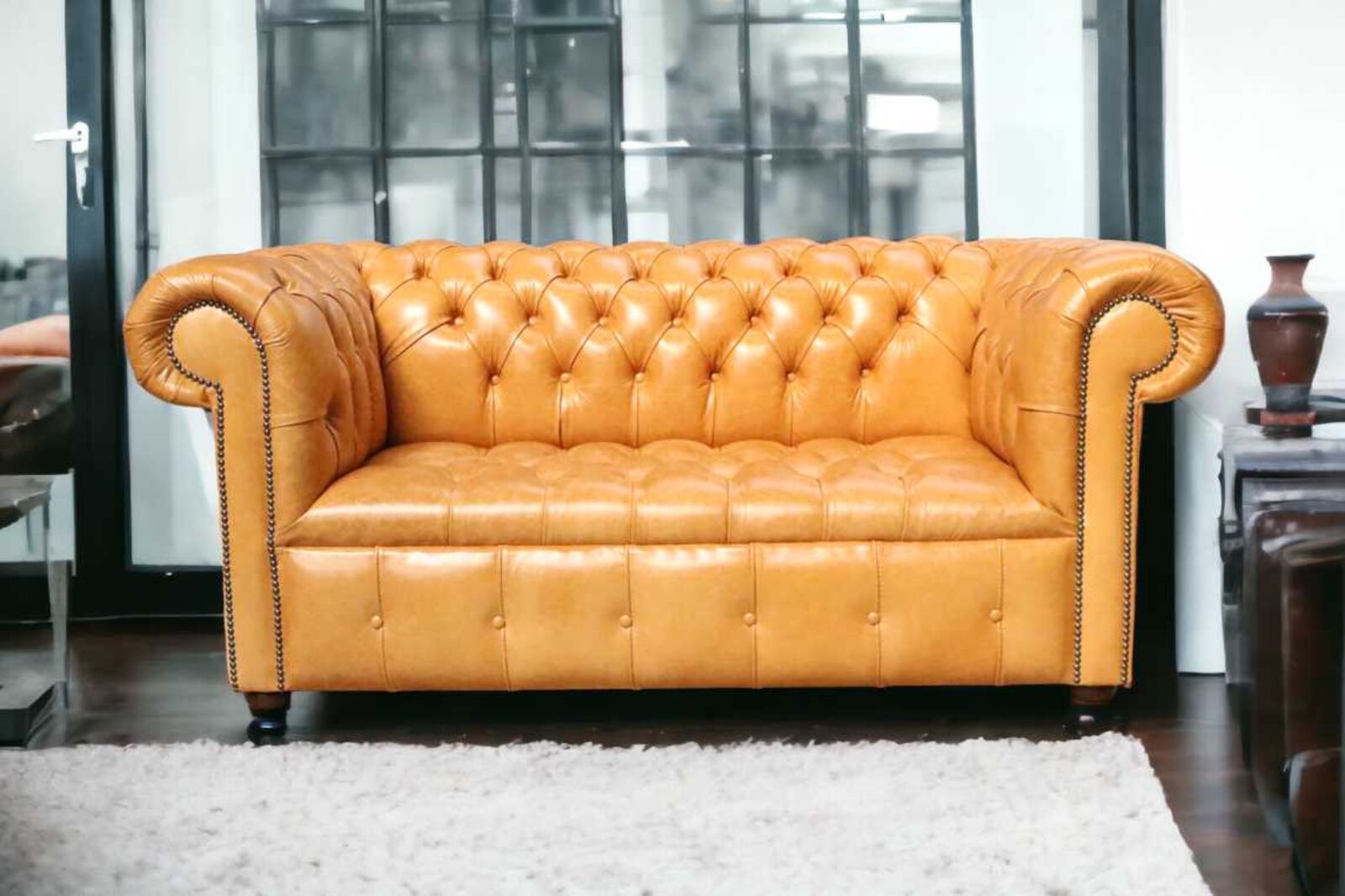 Product photograph of Chesterfield 2 Seater Settee Buttoned Seat Old English Buckskin Leather Sofa from Designer Sofas 4U