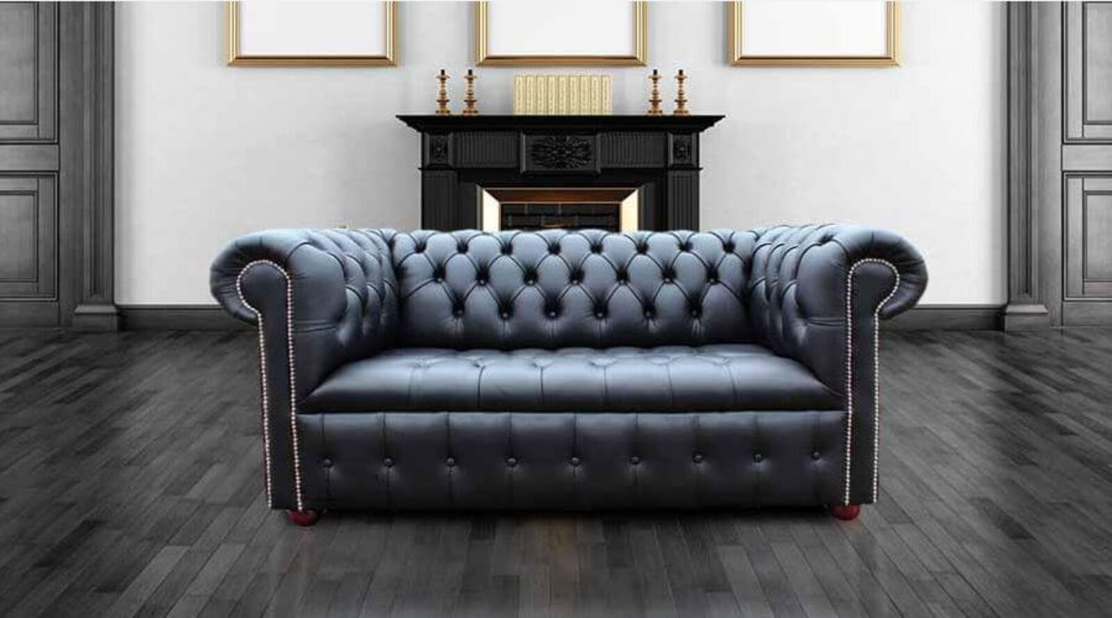 Product photograph of Chesterfield Edwardian 2 Seater Settee Sofa Buttoned Seat Black Real Leather Silver Studding from Designer Sofas 4U