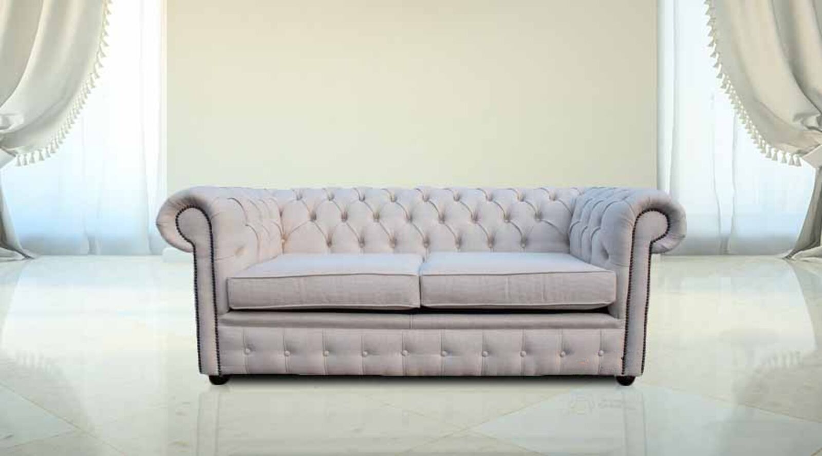 Product photograph of Chesterfield 2 Seater Settee Zoe Plain Parchment Fabric Sofa Offer from Designer Sofas 4U