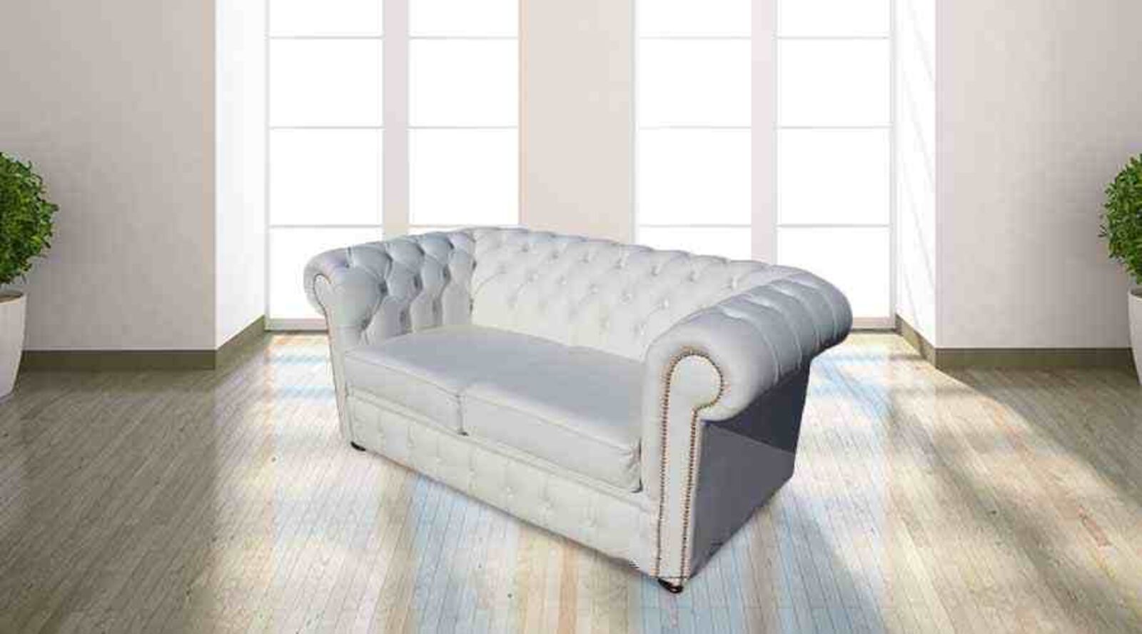 Product photograph of Chesterfield 2 Seater White Leather Sofa Brass Studs from Designer Sofas 4U